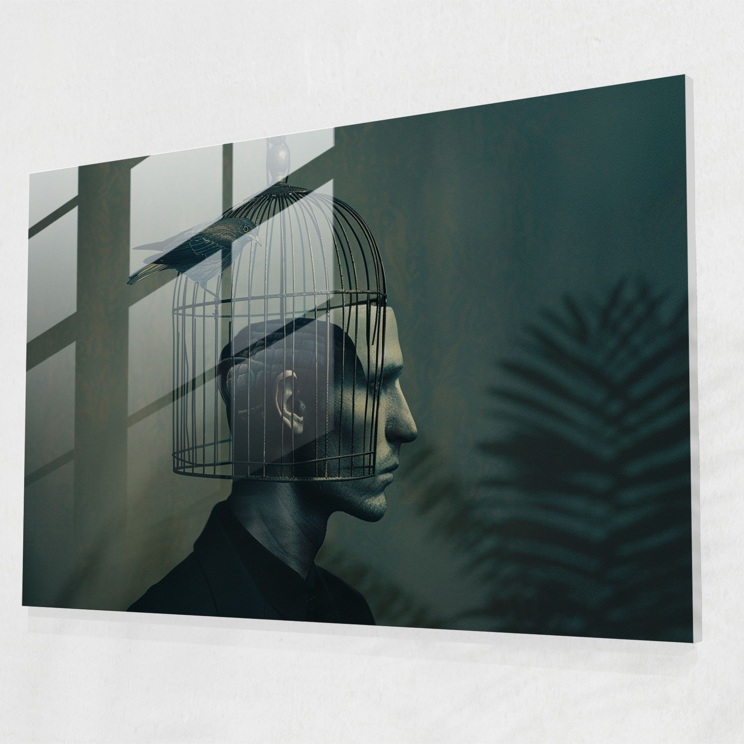 Birdcage Man Glass Art - Surrealism Art, Wall Decoration, Glass Art, Surrealism Art