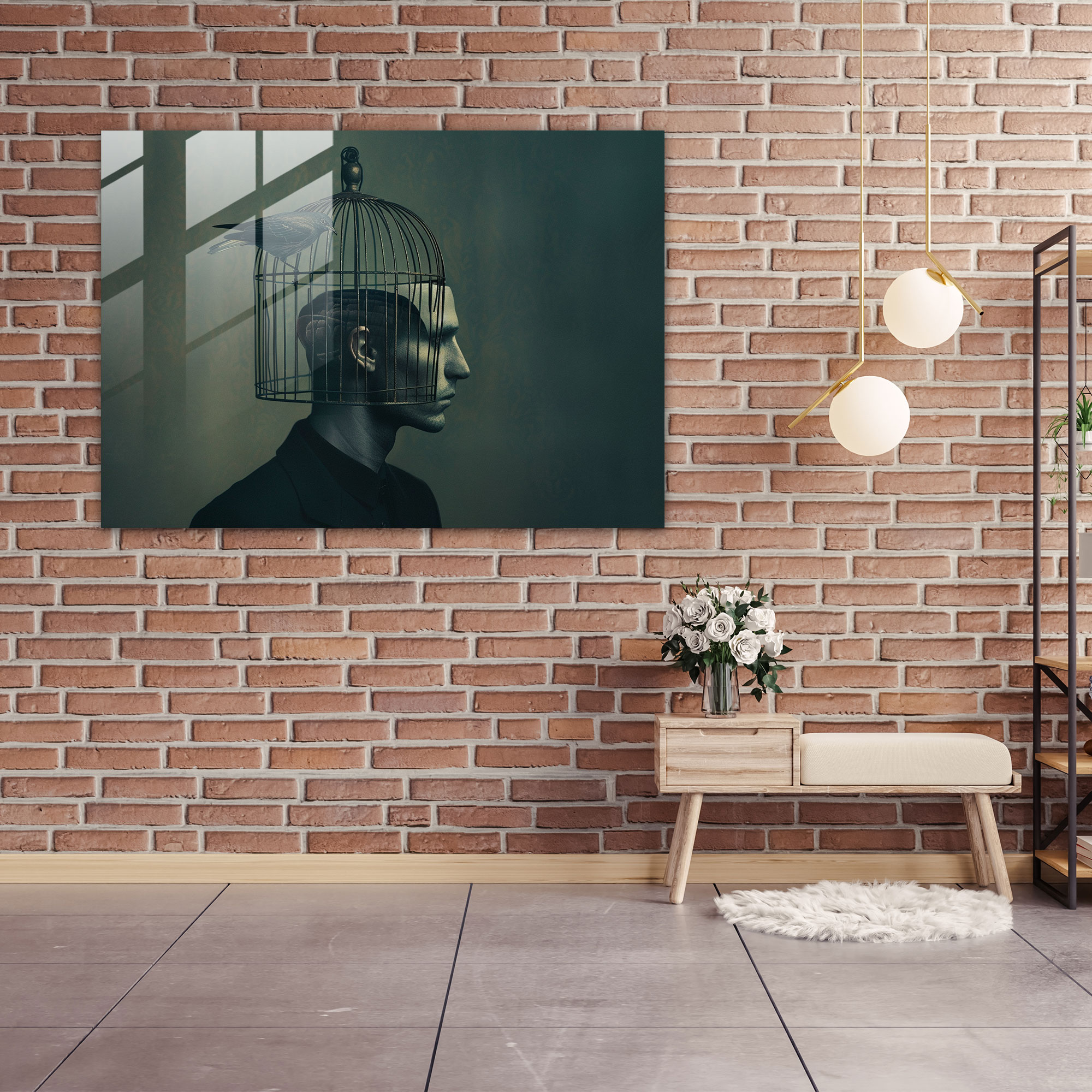 Birdcage Man Glass Art - Surrealism Art, Wall Decoration, Glass Art, Surrealism Art