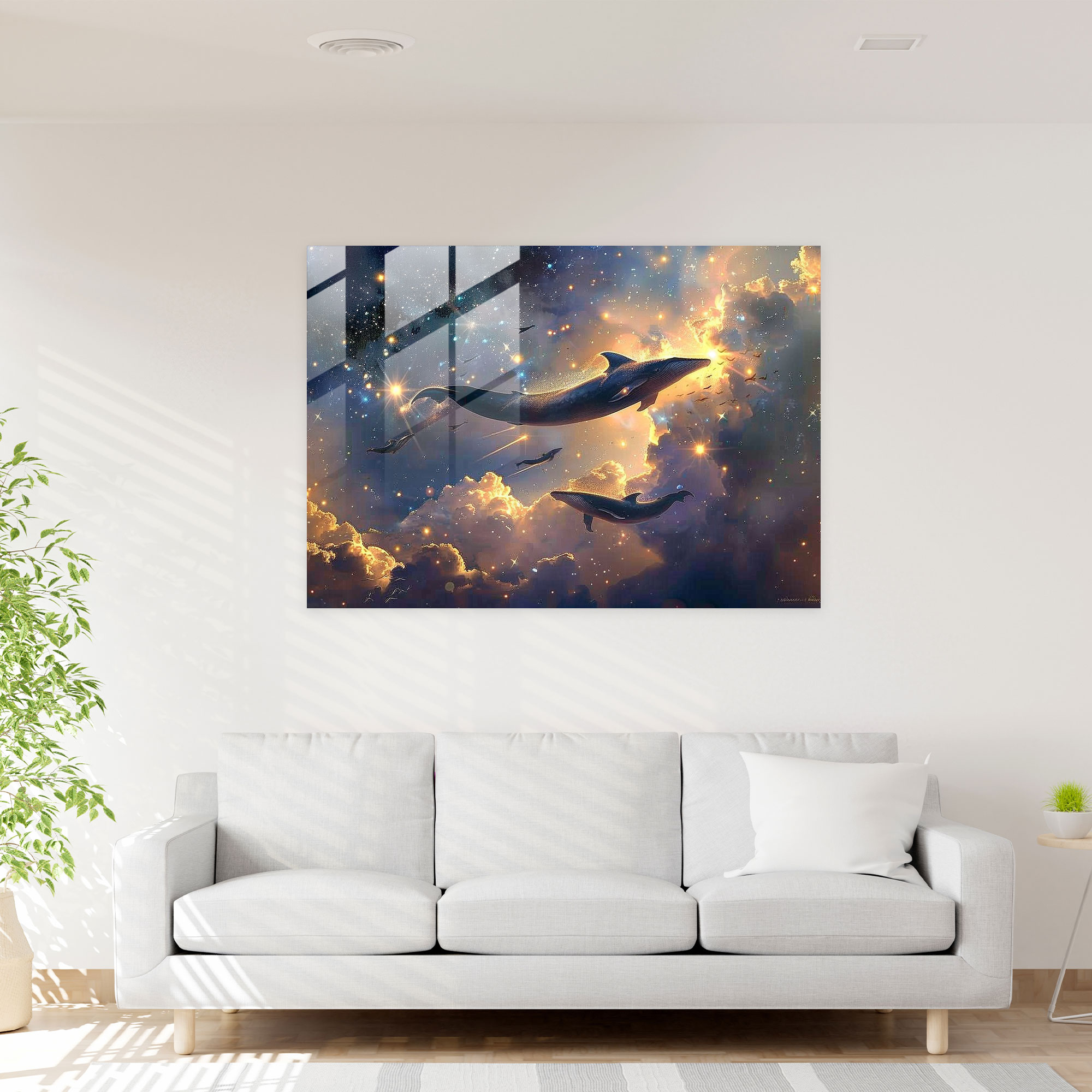 Flying Whales Glass Print - Surrealism Art, Modern Art, Glass Print, Wall Decoration