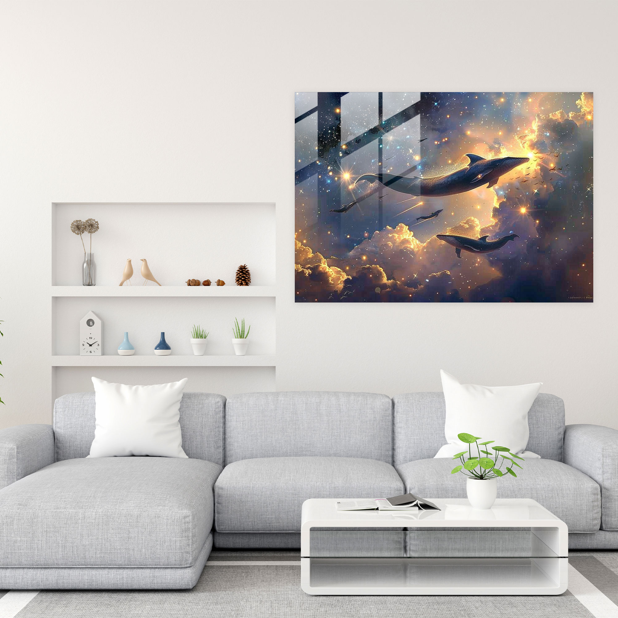 Flying Whales Glass Print - Surrealism Art, Modern Art, Glass Print, Wall Decoration