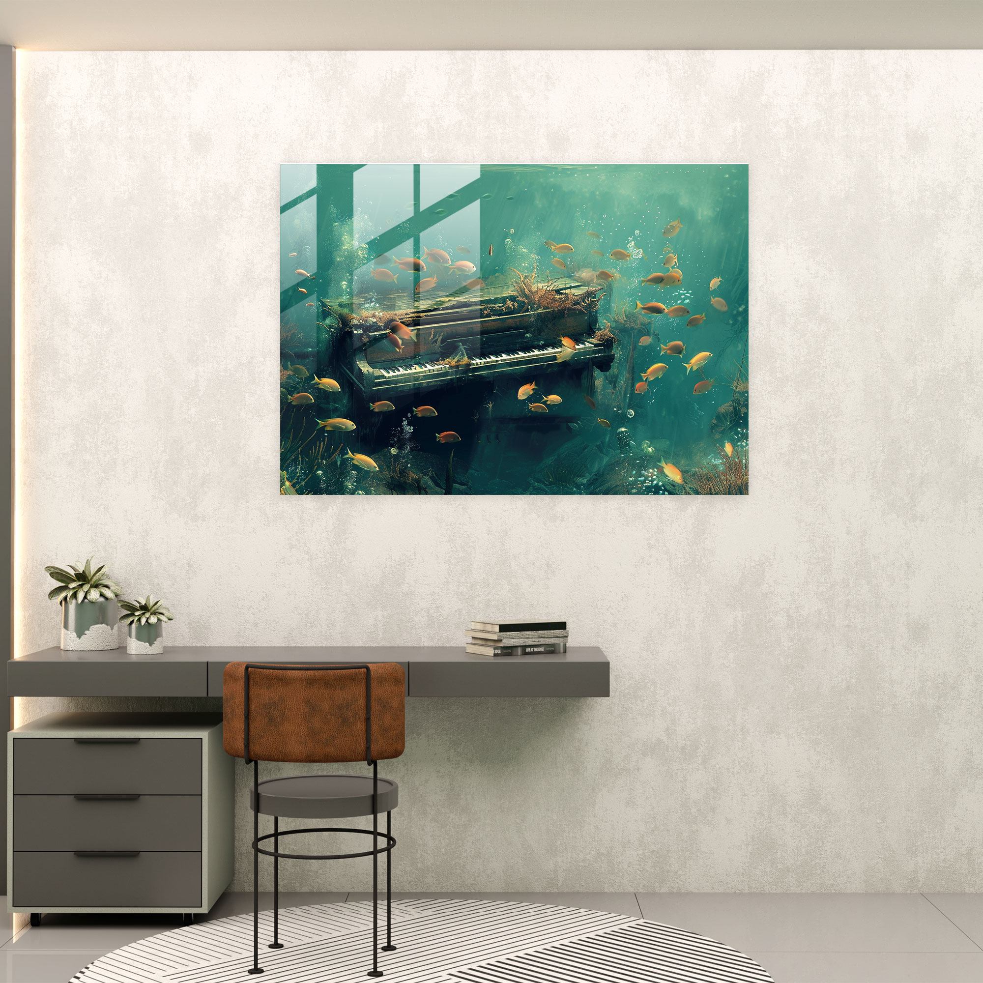 Surrealism Glass Print Home Decoration - Surrealism Art, Piano, Surrealism Art, Fish