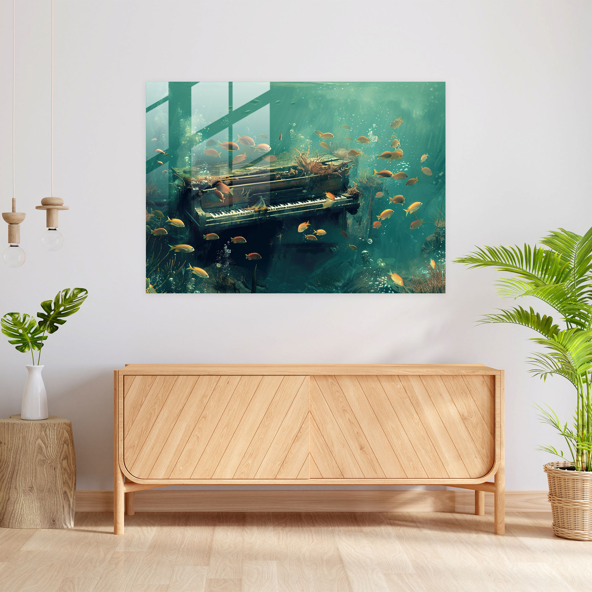 Surrealism Glass Print Home Decoration - Surrealism Art, Piano, Surrealism Art, Fish