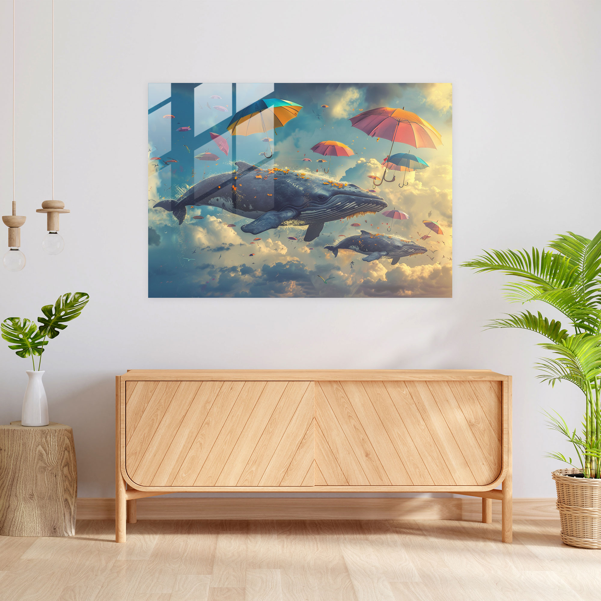 Surrealism Glass Print Home Decoration - Surrealism Art, Stormy Sky, Whales, Glass Print