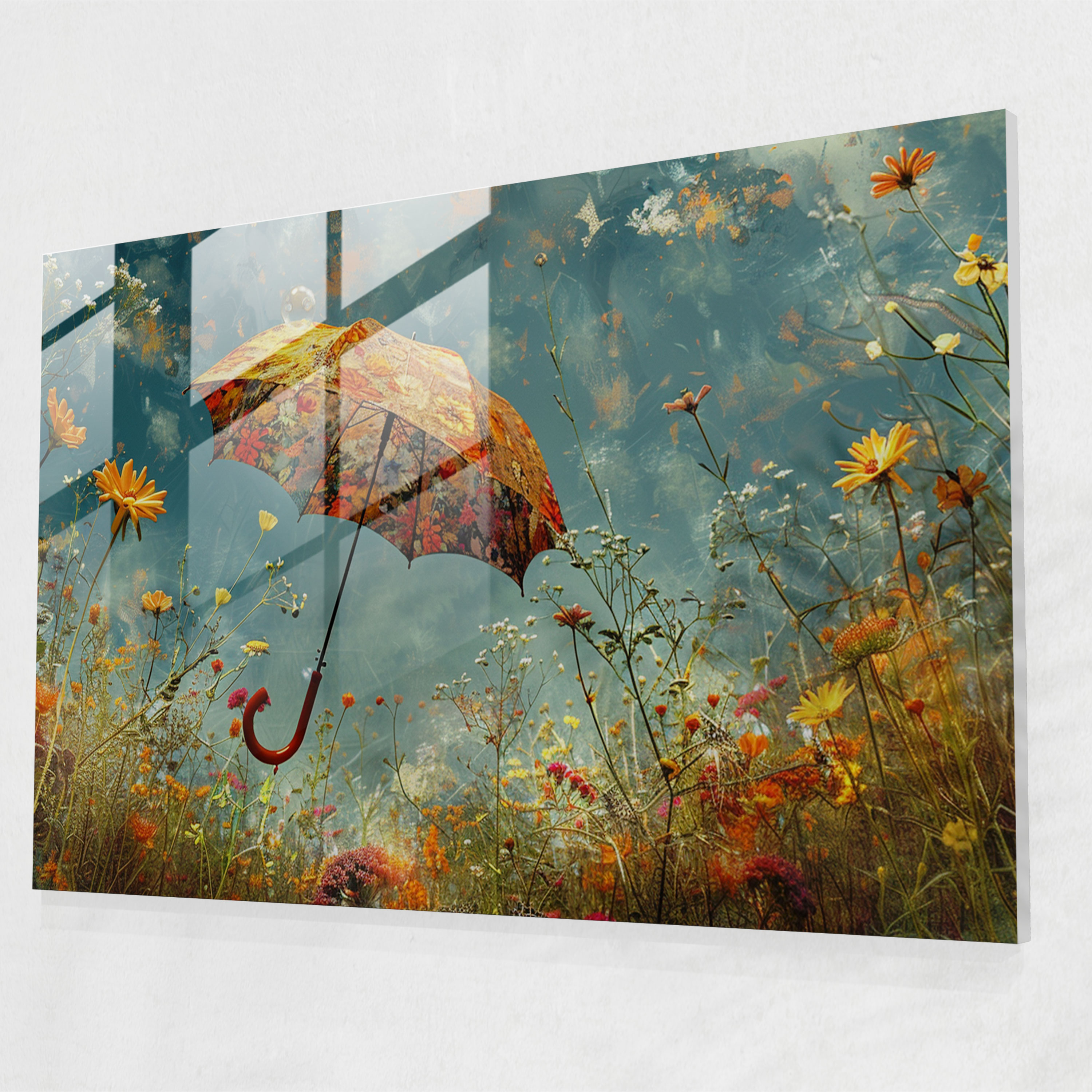 Umbrella Blooms Glass Print - Surrealism Art, Surrealism Art, Glass Print, Modern Art