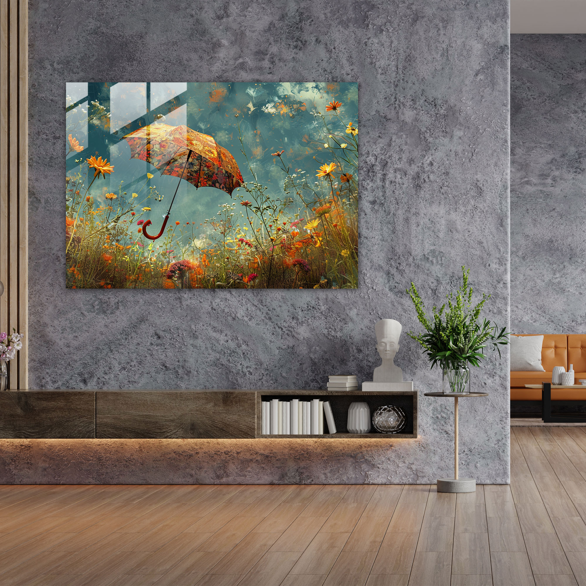Umbrella Blooms Glass Print - Surrealism Art, Surrealism Art, Glass Print, Modern Art