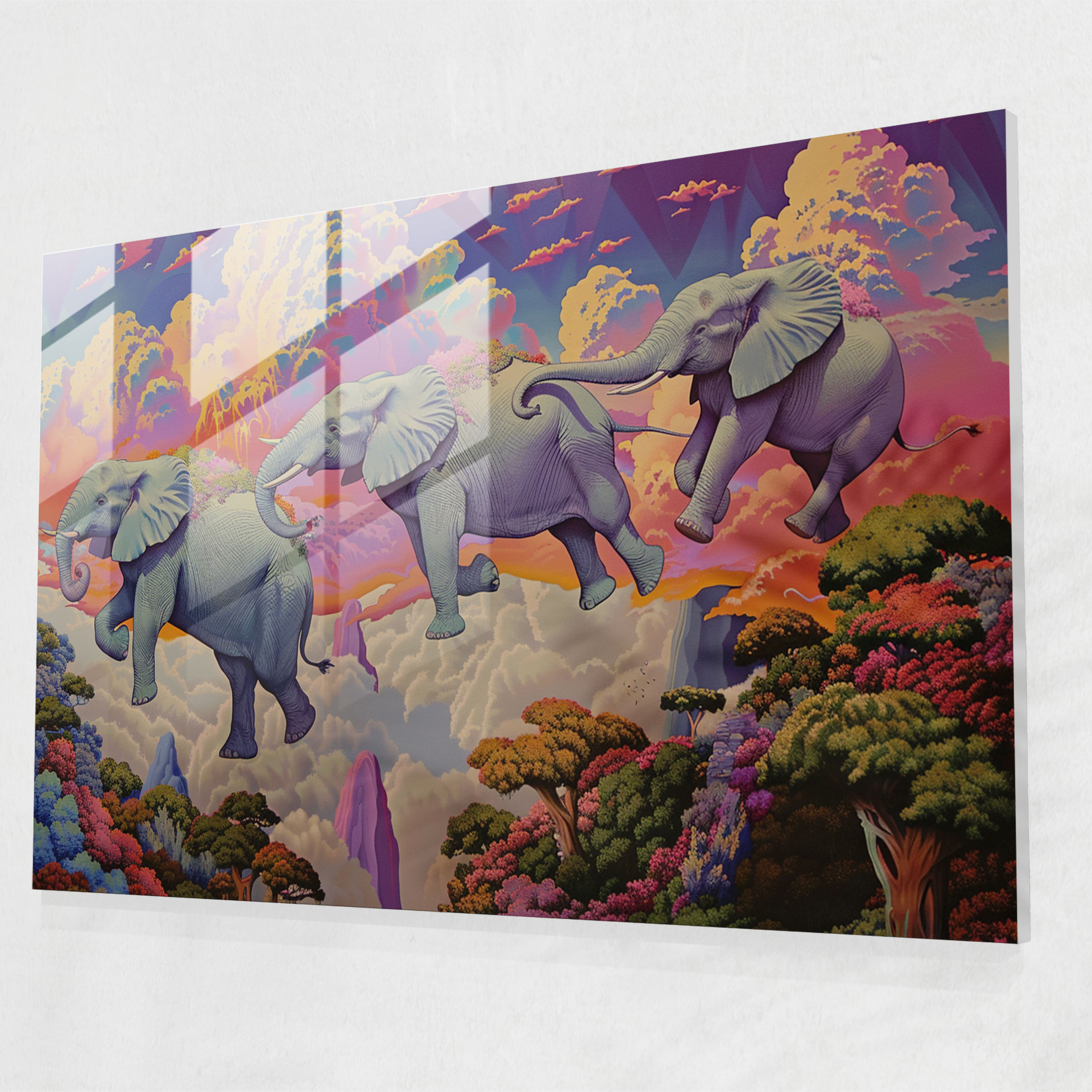 Flying Elephants Surrealism Glass Art - Surrealism Art, Wall Decoration, Home Decoration, Modern Art