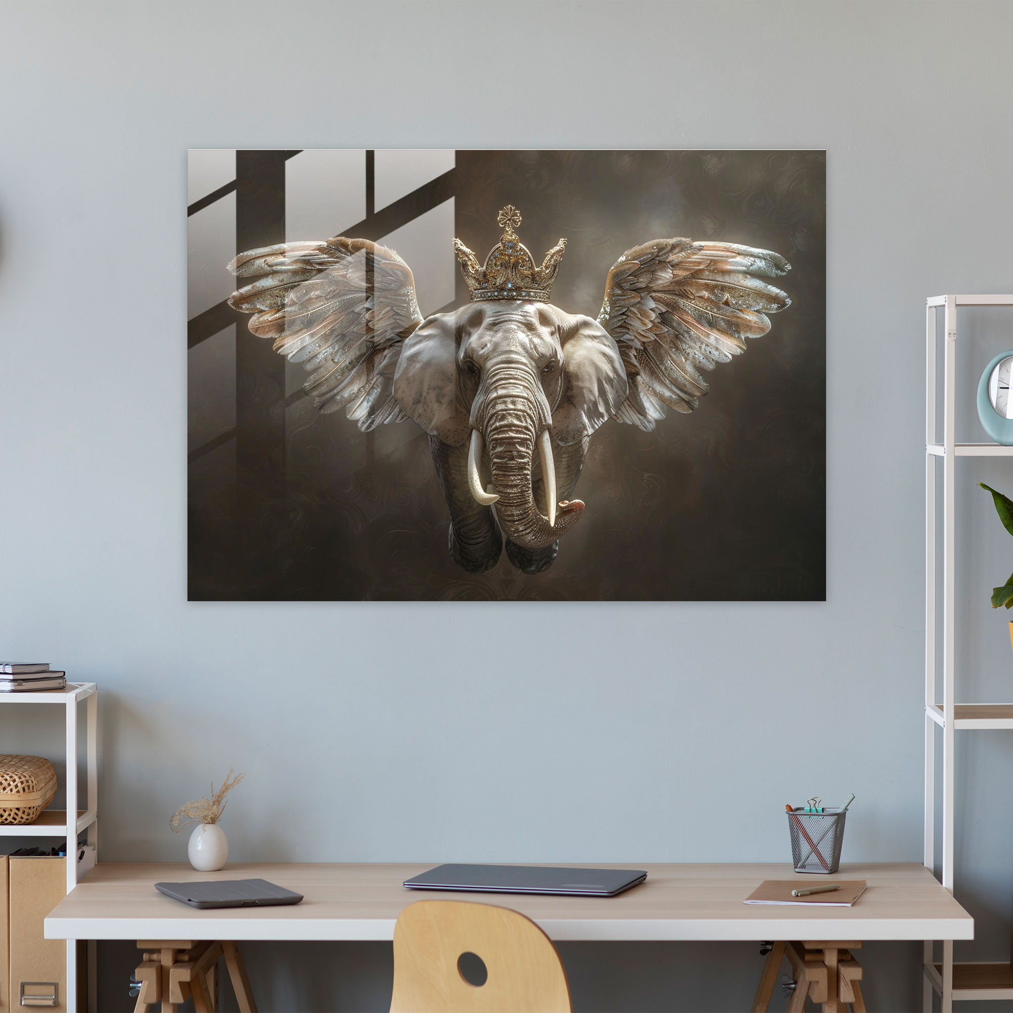 Winged Elephant Glass Wall Art - Surrealism Art, Crown, Elephant, Wings