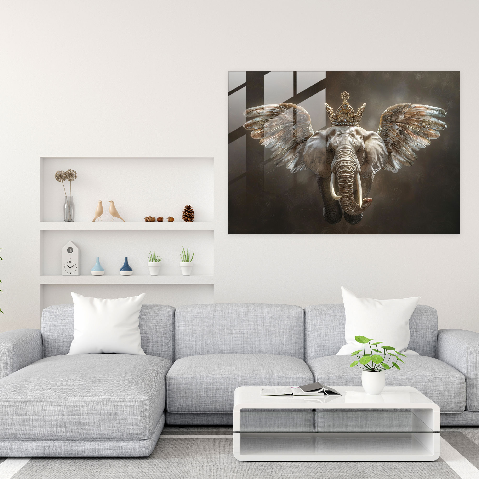 Winged Elephant Glass Wall Art - Surrealism Art, Crown, Elephant, Wings