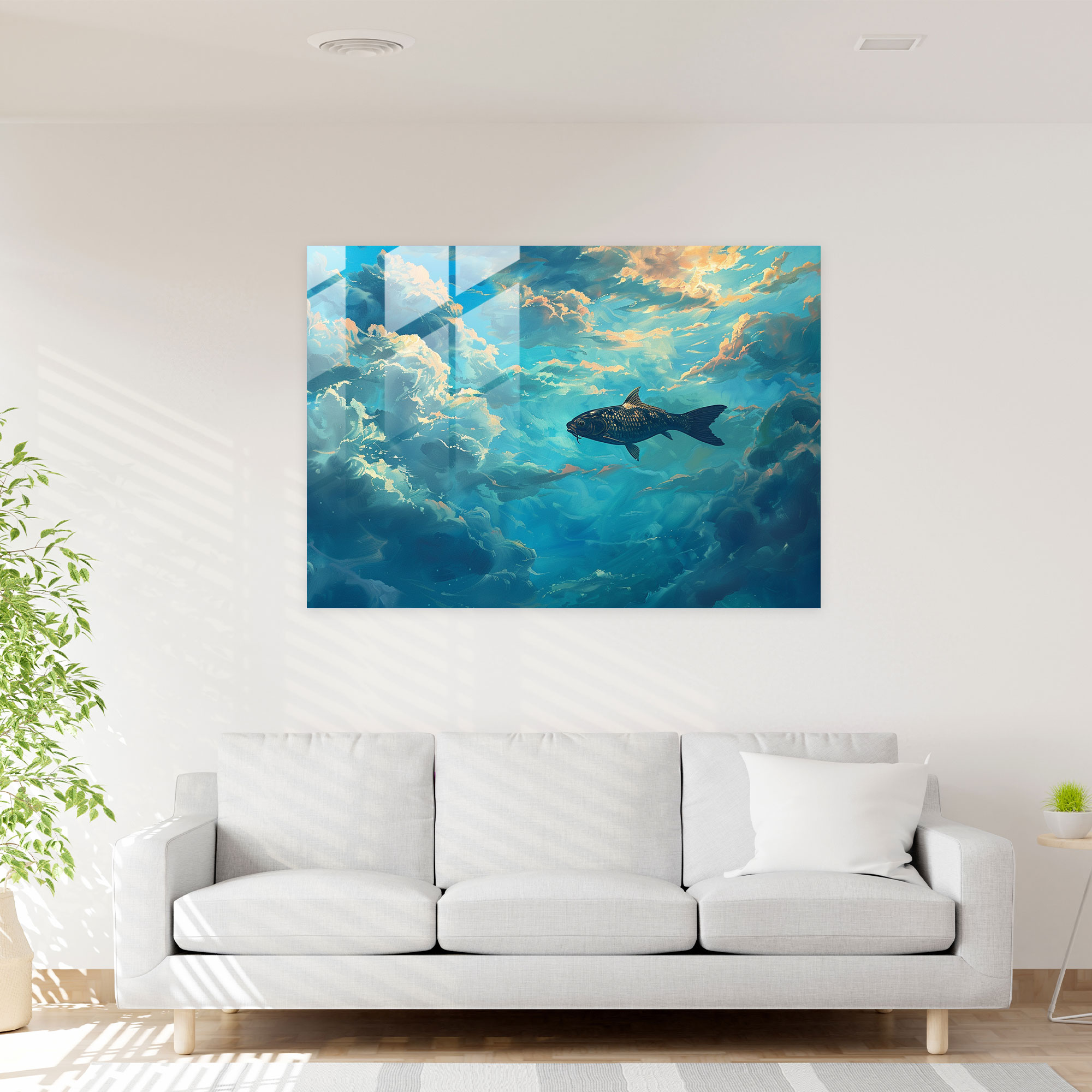 Sky Swimming Fish Home Decoration - Surrealism Art, Fish, Sky, Glass Art