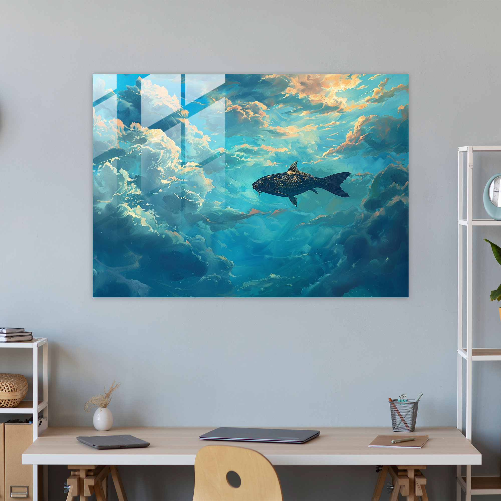 Sky Swimming Fish Home Decoration - Surrealism Art, Fish, Sky, Glass Art