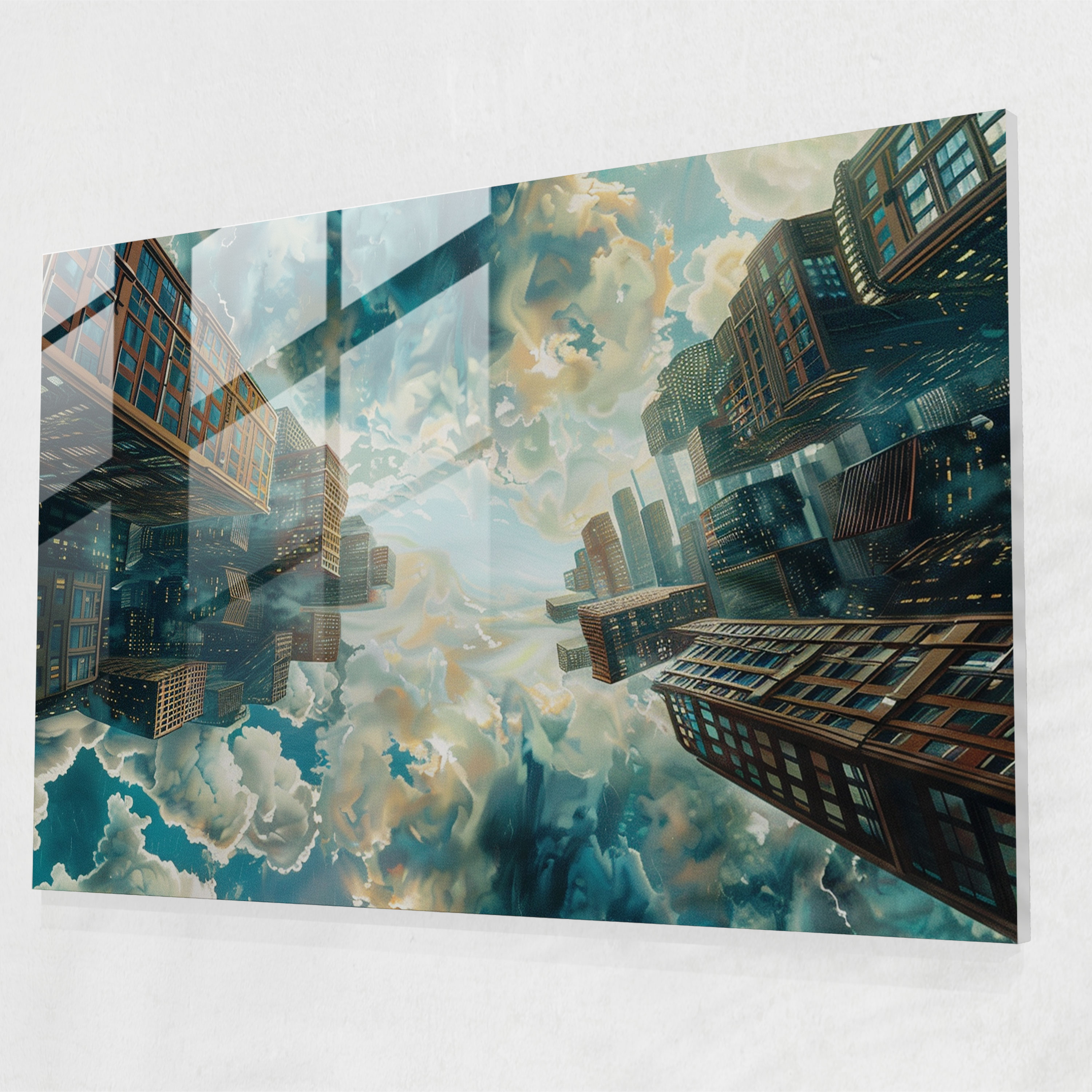 Upside-Down Cityscape Glass Wall Decoration - Surrealism Art, Floating, Home Decoration, Modern Art