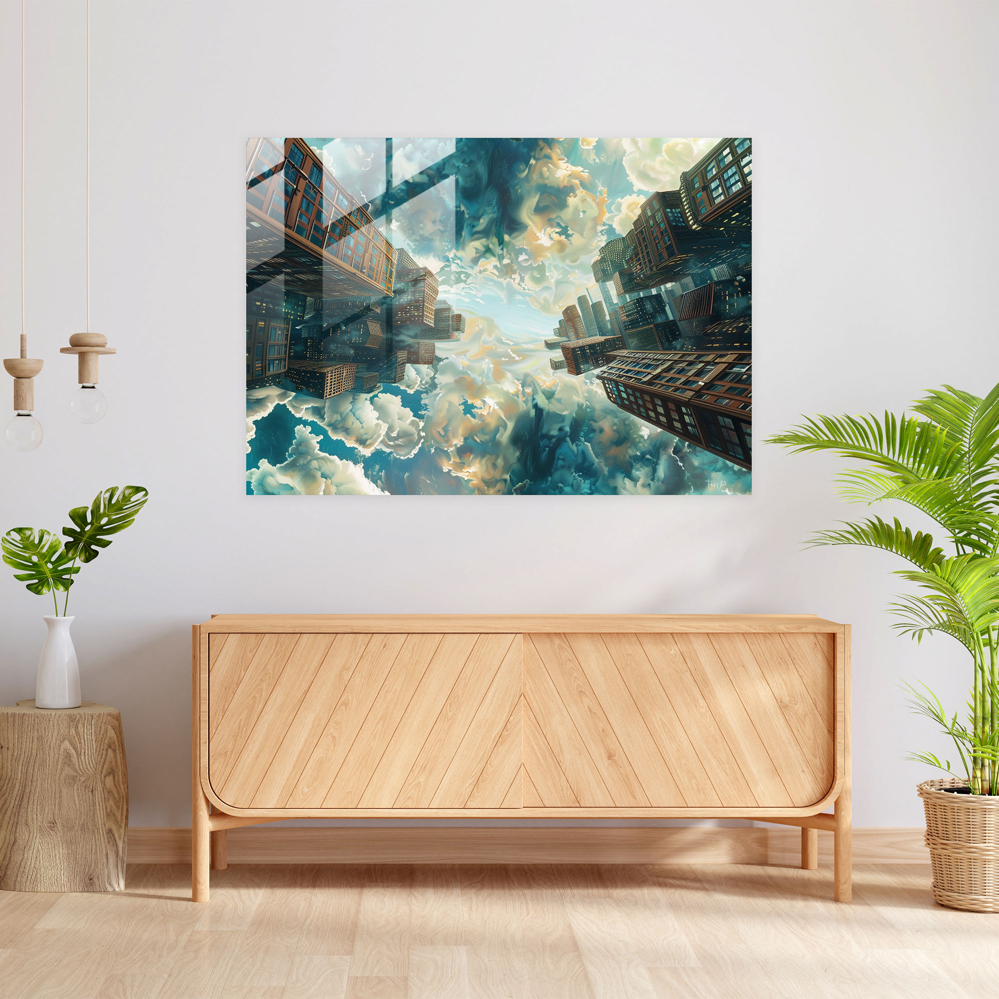 Upside-Down Cityscape Glass Wall Decoration - Surrealism Art, Floating, Home Decoration, Modern Art