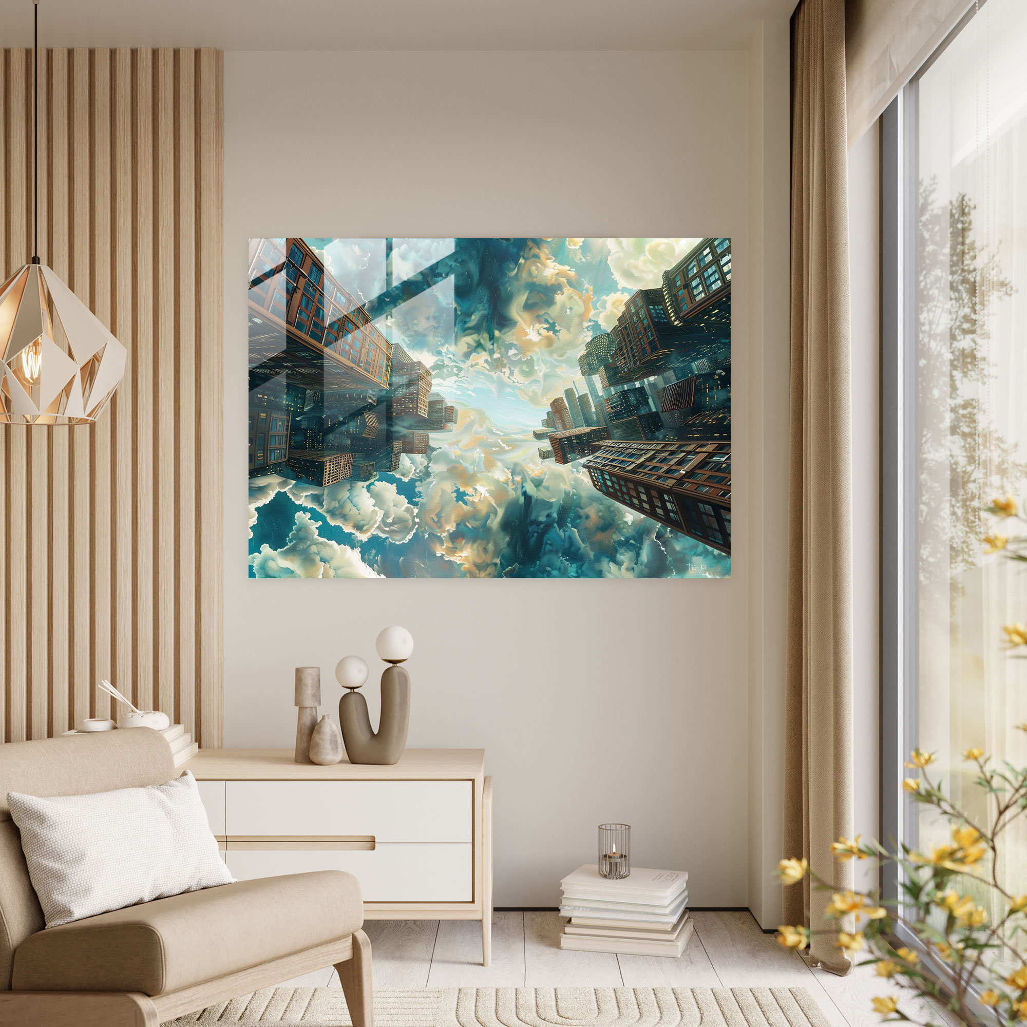 Upside-Down Cityscape Glass Wall Decoration - Surrealism Art, Floating, Home Decoration, Modern Art