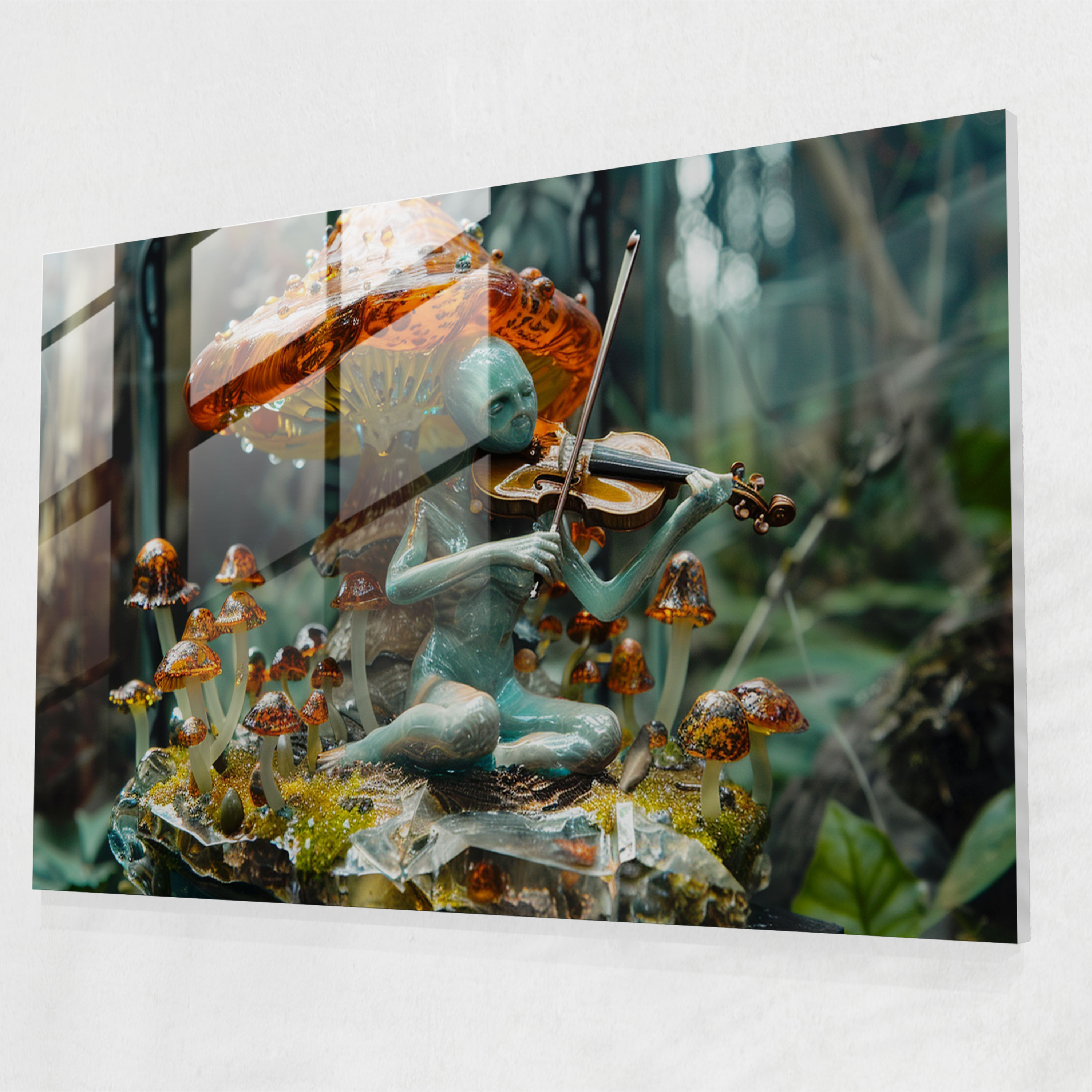 Violinist On Mushroom Glass Art - Surrealism Art, Music, Modern Art, Glass Art