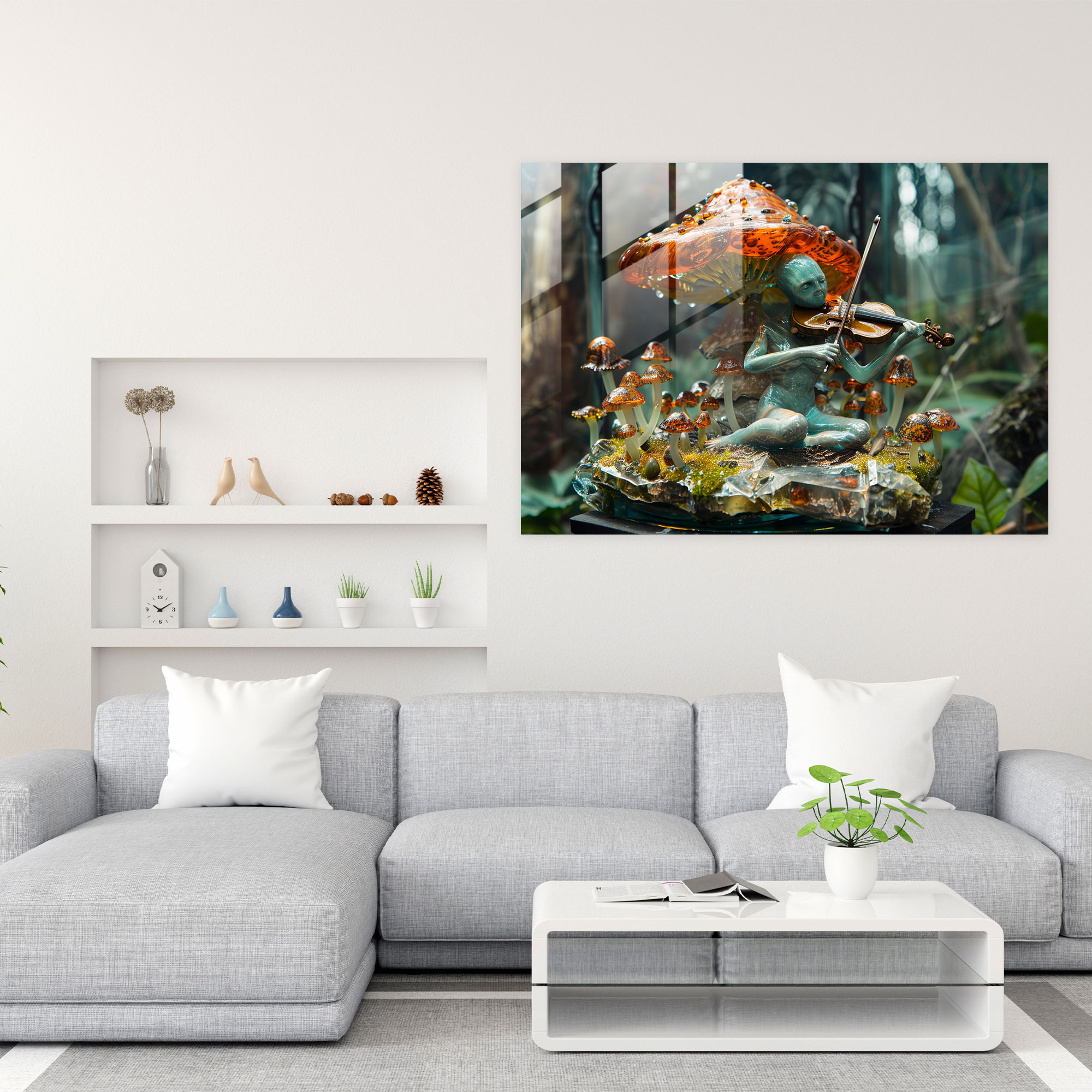 Violinist On Mushroom Glass Art - Surrealism Art, Music, Modern Art, Glass Art