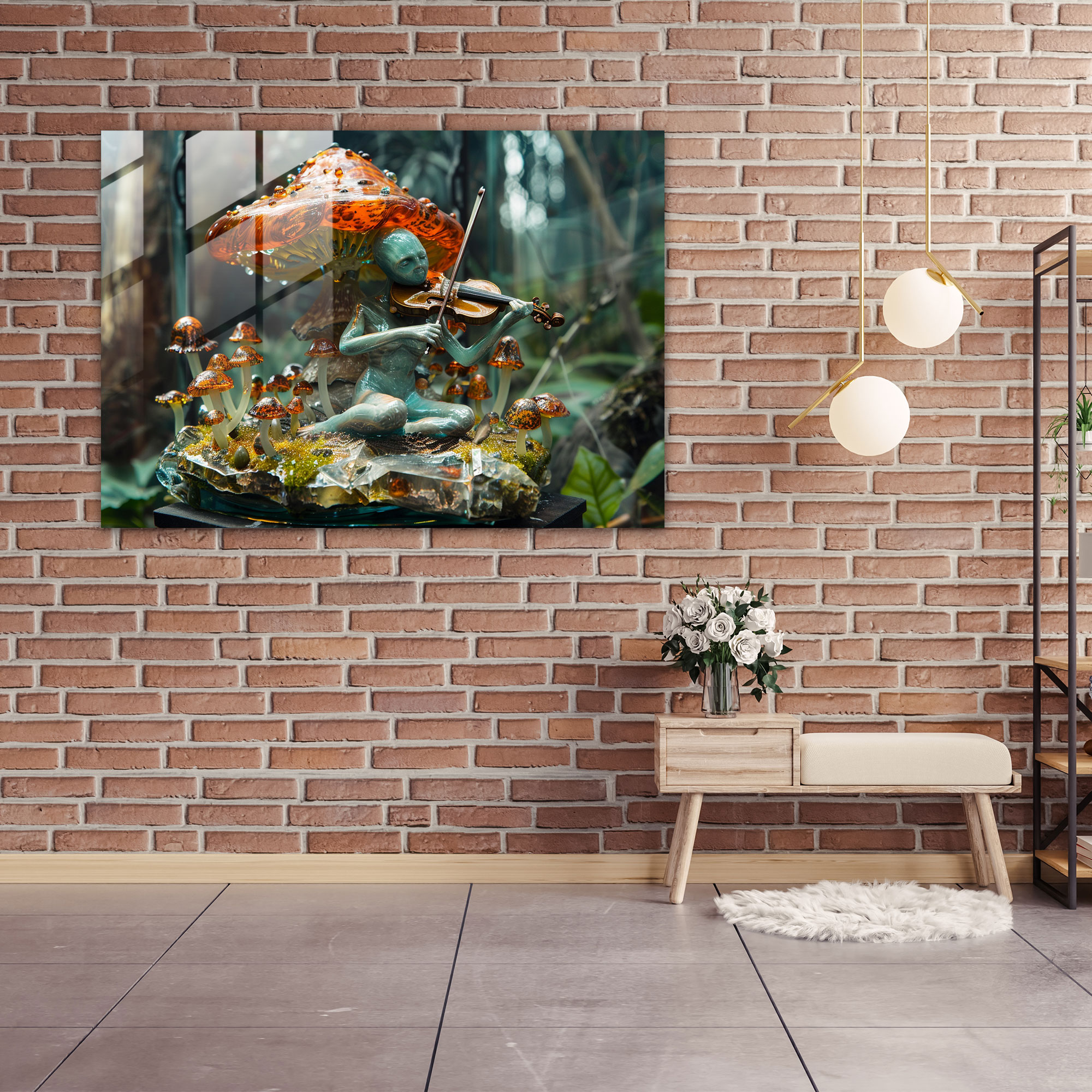 Violinist On Mushroom Glass Art - Surrealism Art, Music, Modern Art, Glass Art