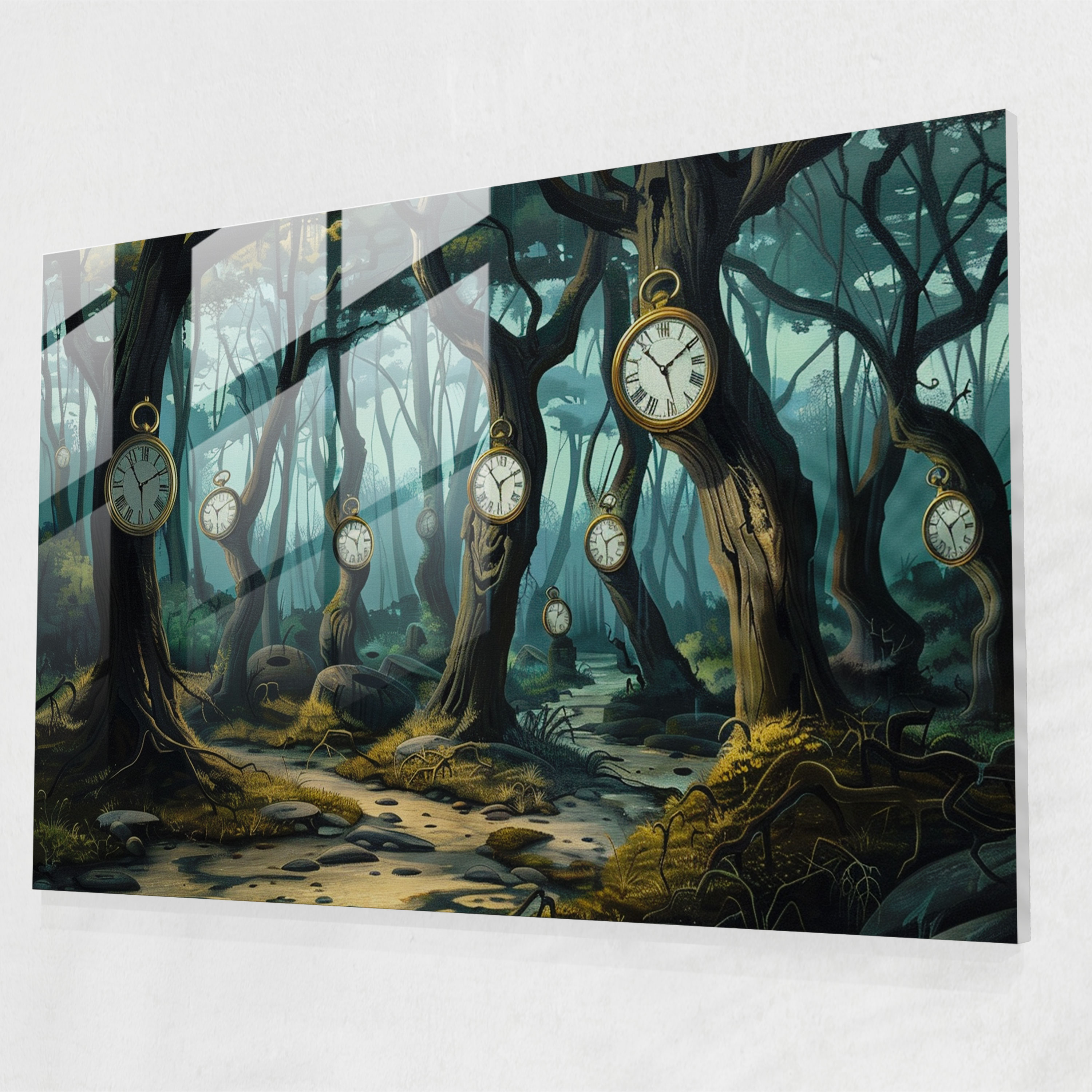 Melting Clock Forest Glass Print - Surrealism Art, Time, Melting Clocks, Forest