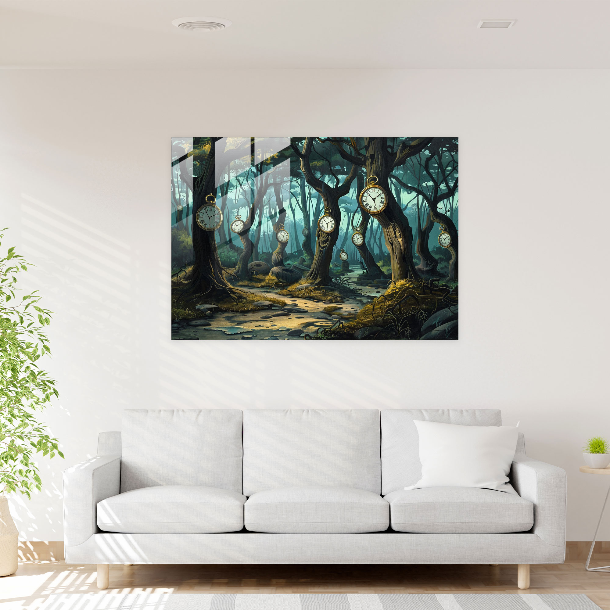 Melting Clock Forest Glass Print - Surrealism Art, Time, Melting Clocks, Forest