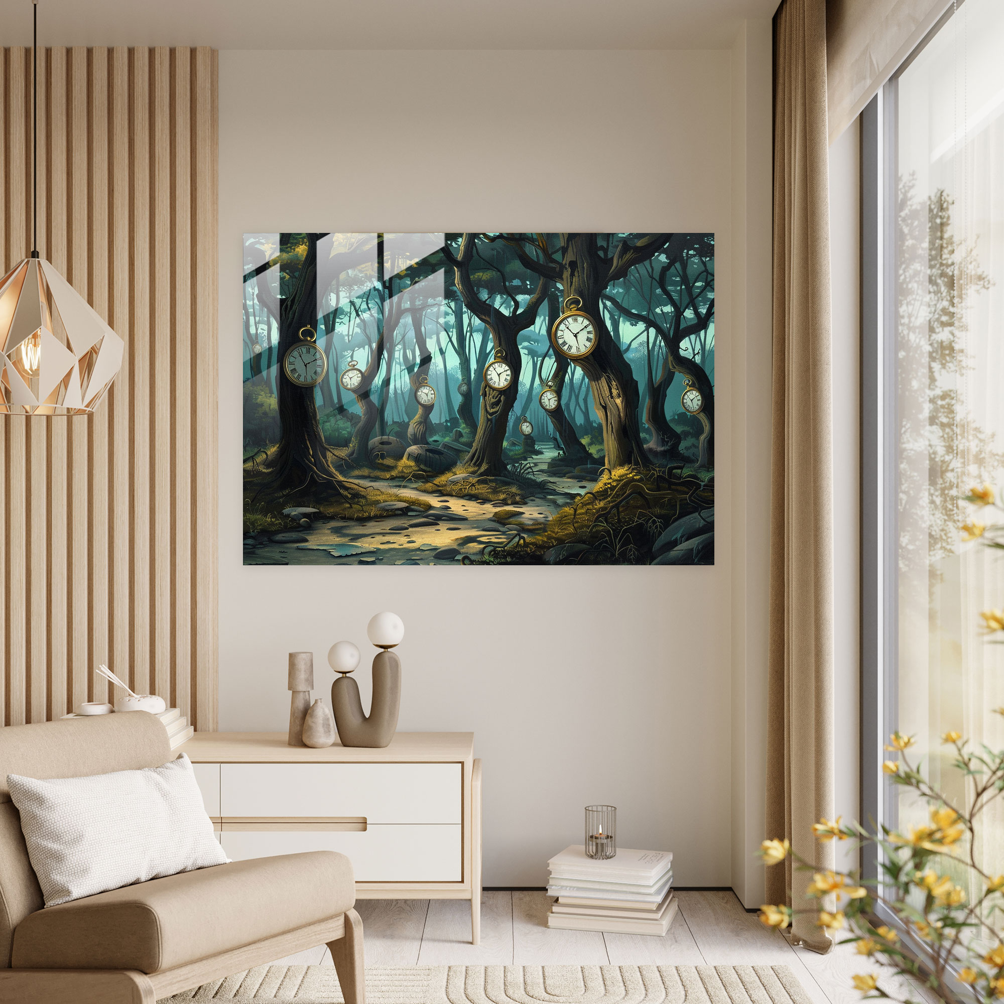 Melting Clock Forest Glass Print - Surrealism Art, Time, Melting Clocks, Forest