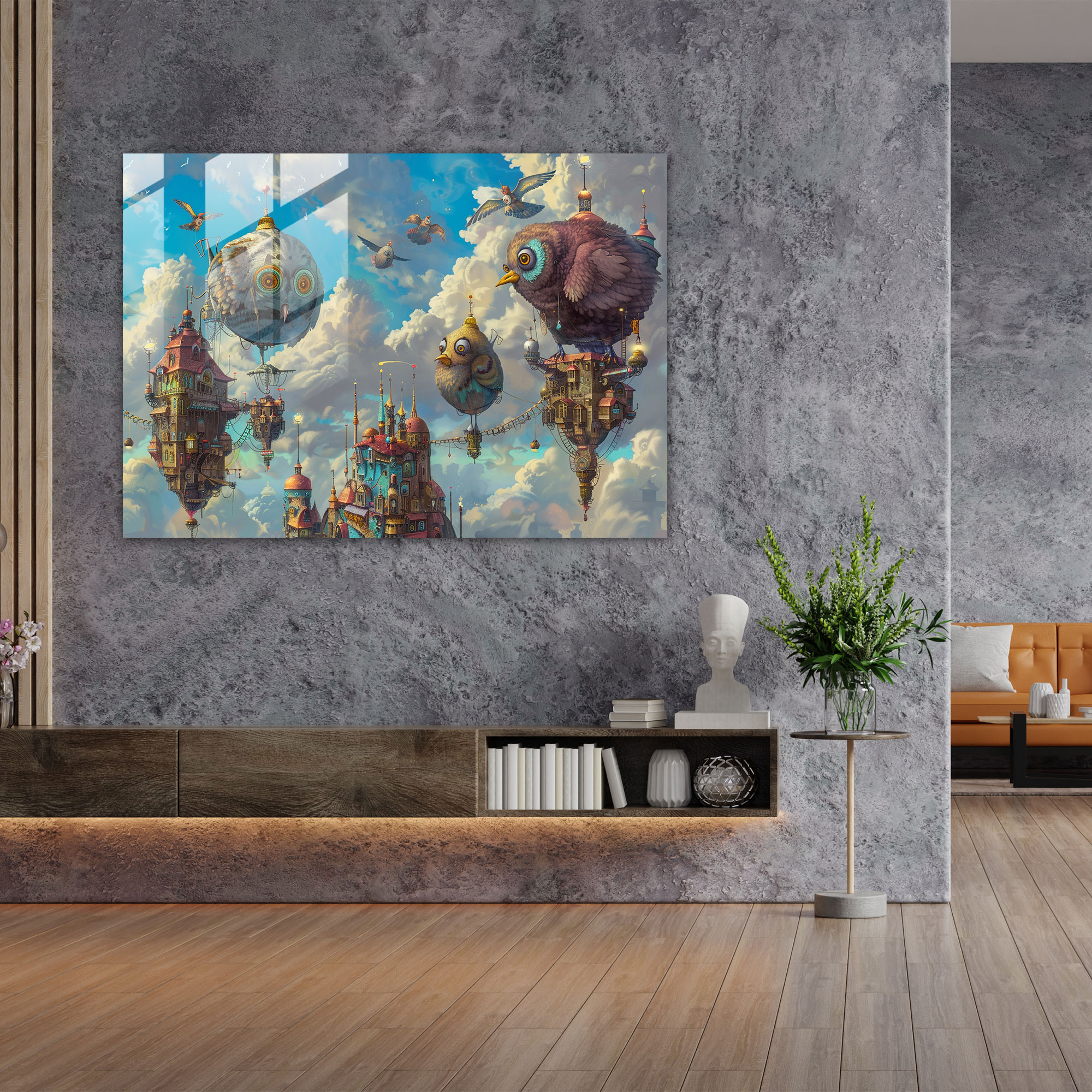 Surrealism Glass Wall Art: Enchanted City Creatures - Surrealism Art, Surrealism Art, Glass Wall Art, Wall Decoration