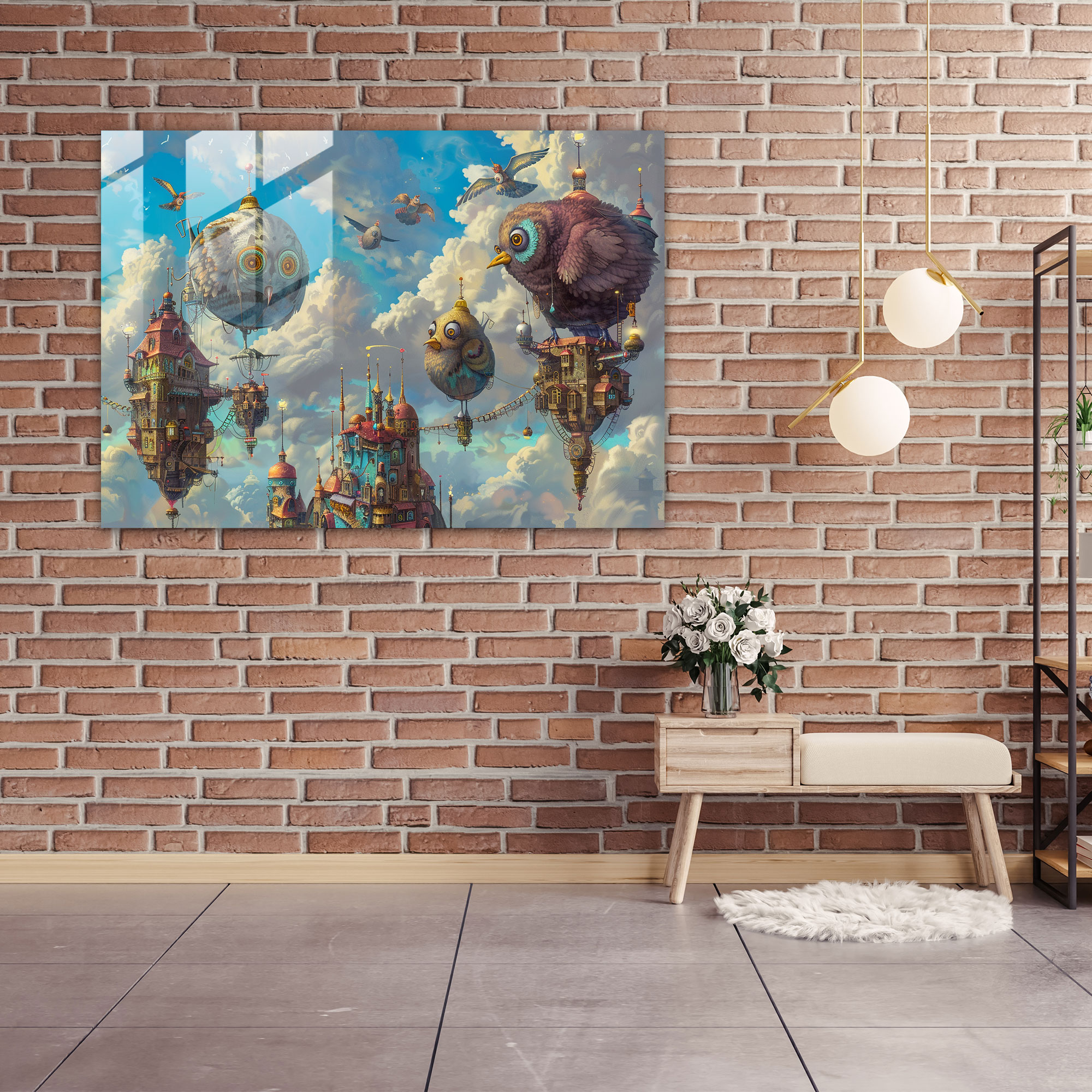 Surrealism Glass Wall Art: Enchanted City Creatures - Surrealism Art, Surrealism Art, Glass Wall Art, Wall Decoration