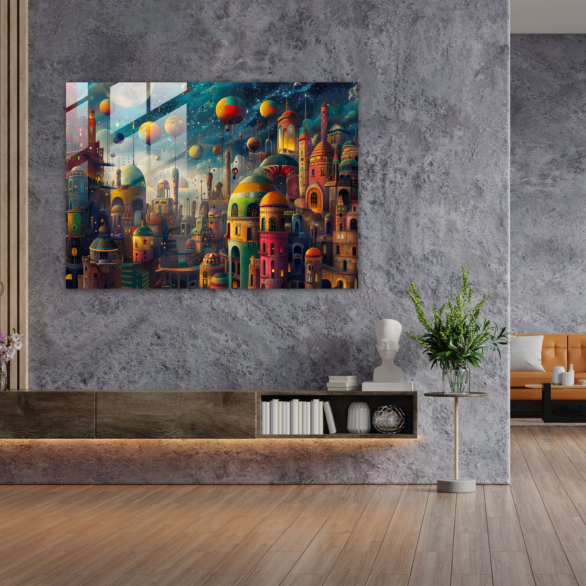 Surrealism Glass Wall Art: Floating Cityscape - Surrealism Art, Wall Decoration, Glass Art, Modern Art