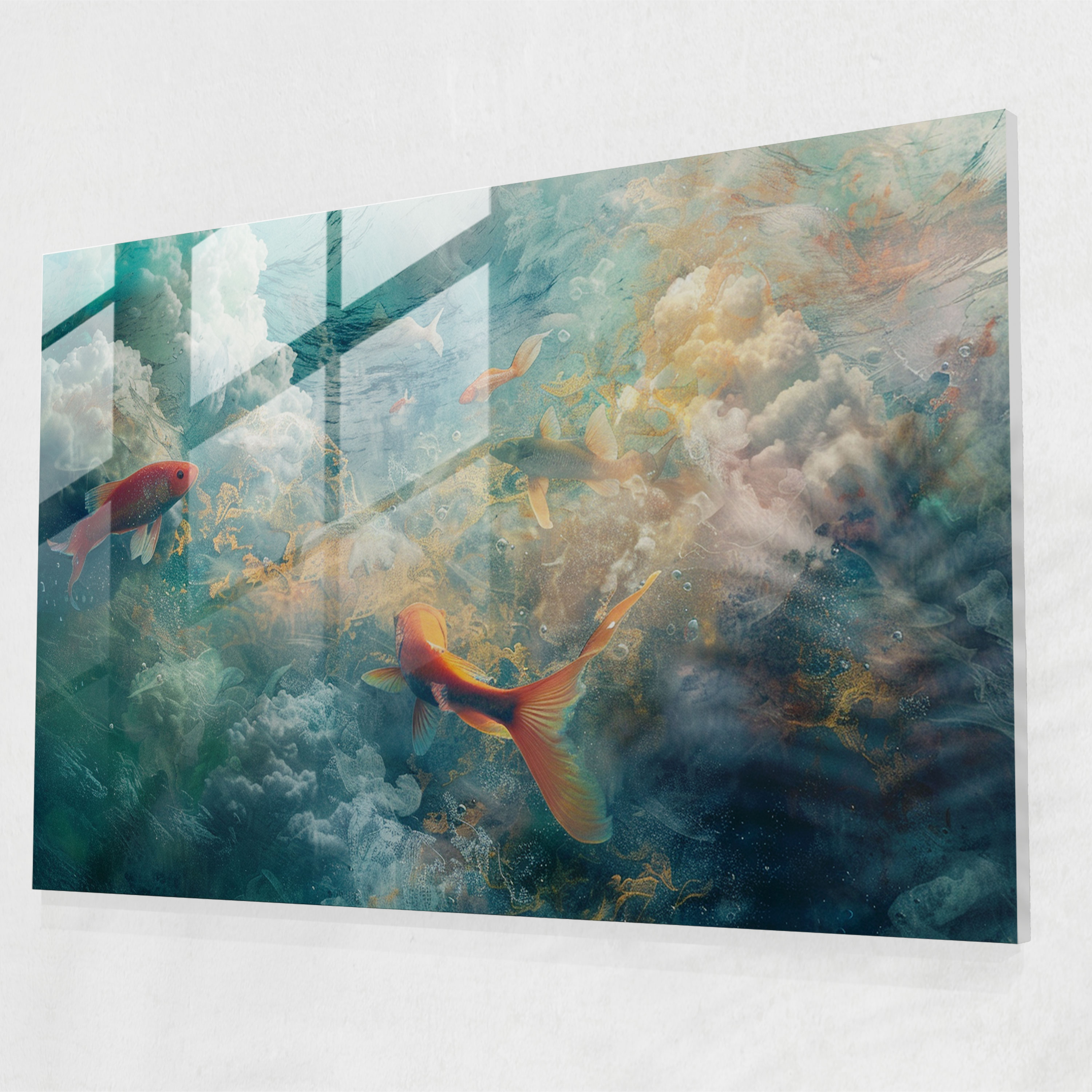 Surrealism Glass Wall Art: Underwater Fish Clouds - Surrealism Art, Glass Wall Art, Modern Art, Surrealism Art