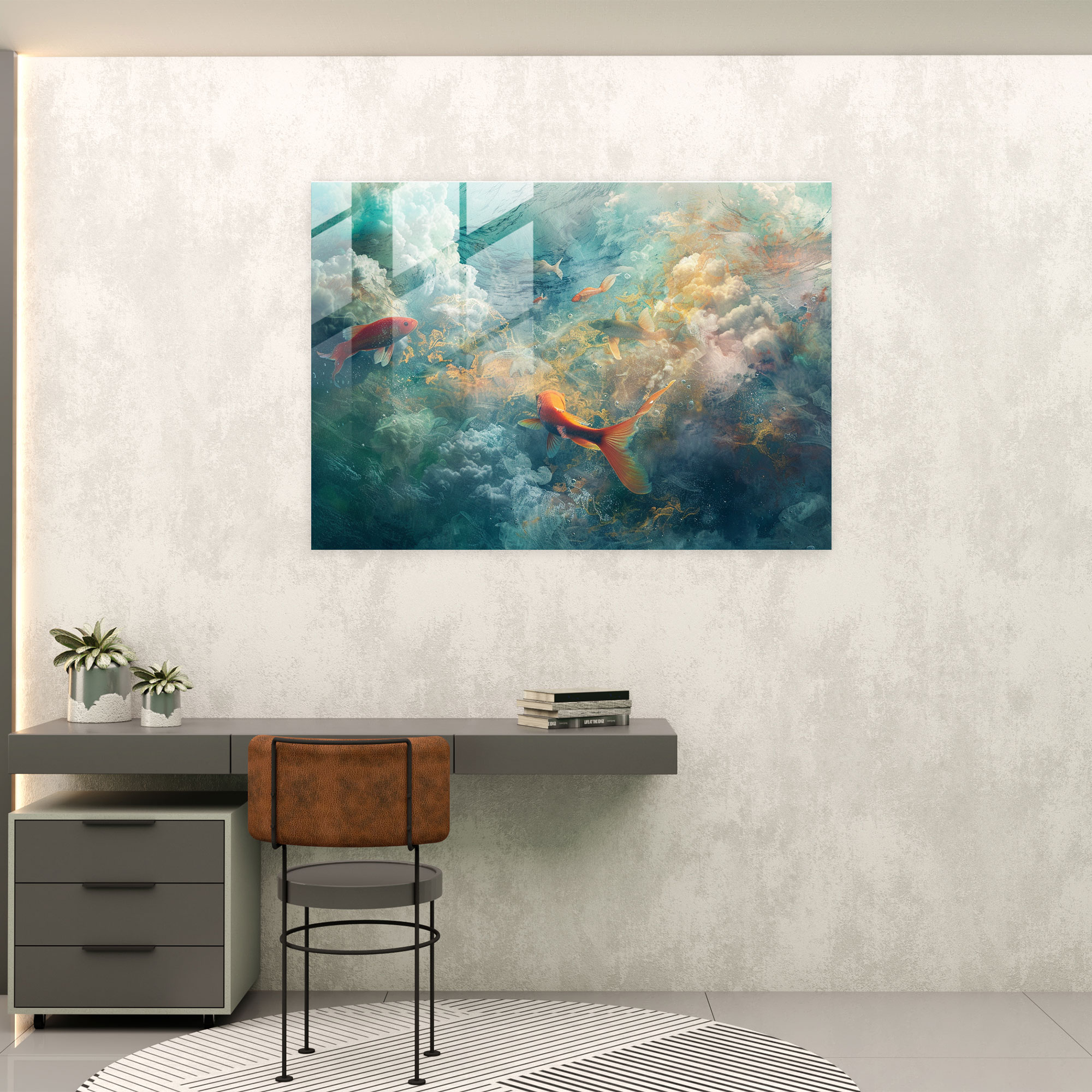 Surrealism Glass Wall Art: Underwater Fish Clouds - Surrealism Art, Glass Wall Art, Modern Art, Surrealism Art