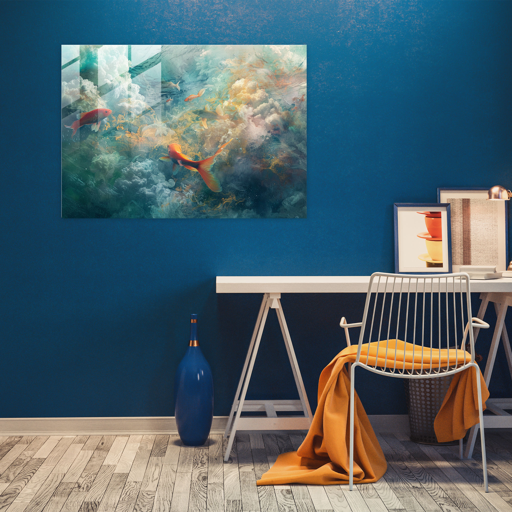 Surrealism Glass Wall Art: Underwater Fish Clouds - Surrealism Art, Glass Wall Art, Modern Art, Surrealism Art
