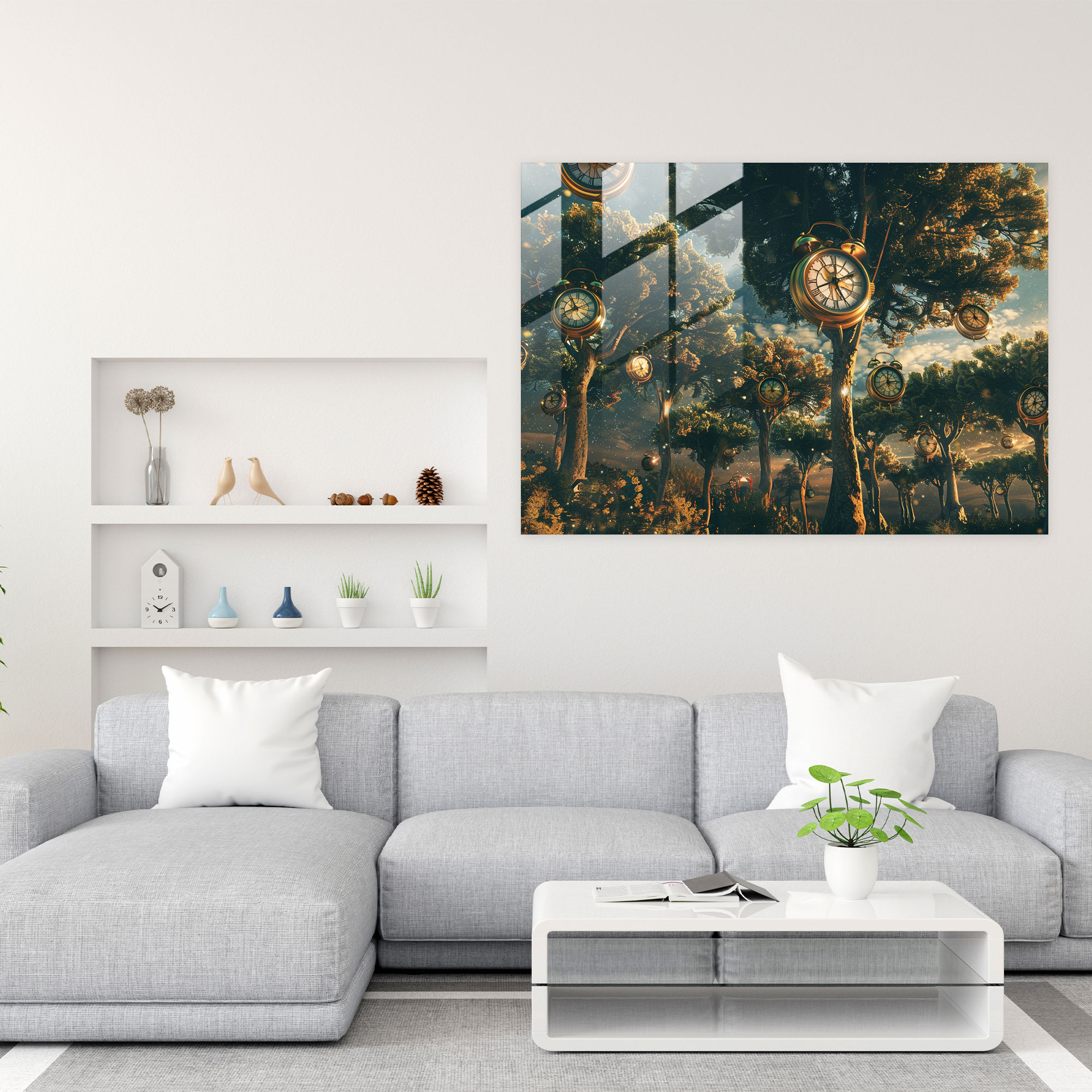 Surrealism Home Decoration: Clock Trees Forest - Surrealism Art, Wall Decoration, Glass Print, Glass Art