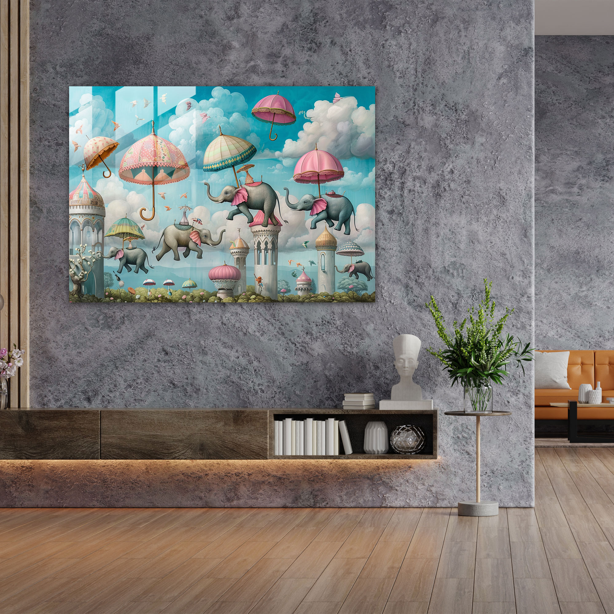Surrealism Wall Decoration: Flying Elephants Carnival - Surrealism Art, Wall Decoration, Glass Art, Modern Art