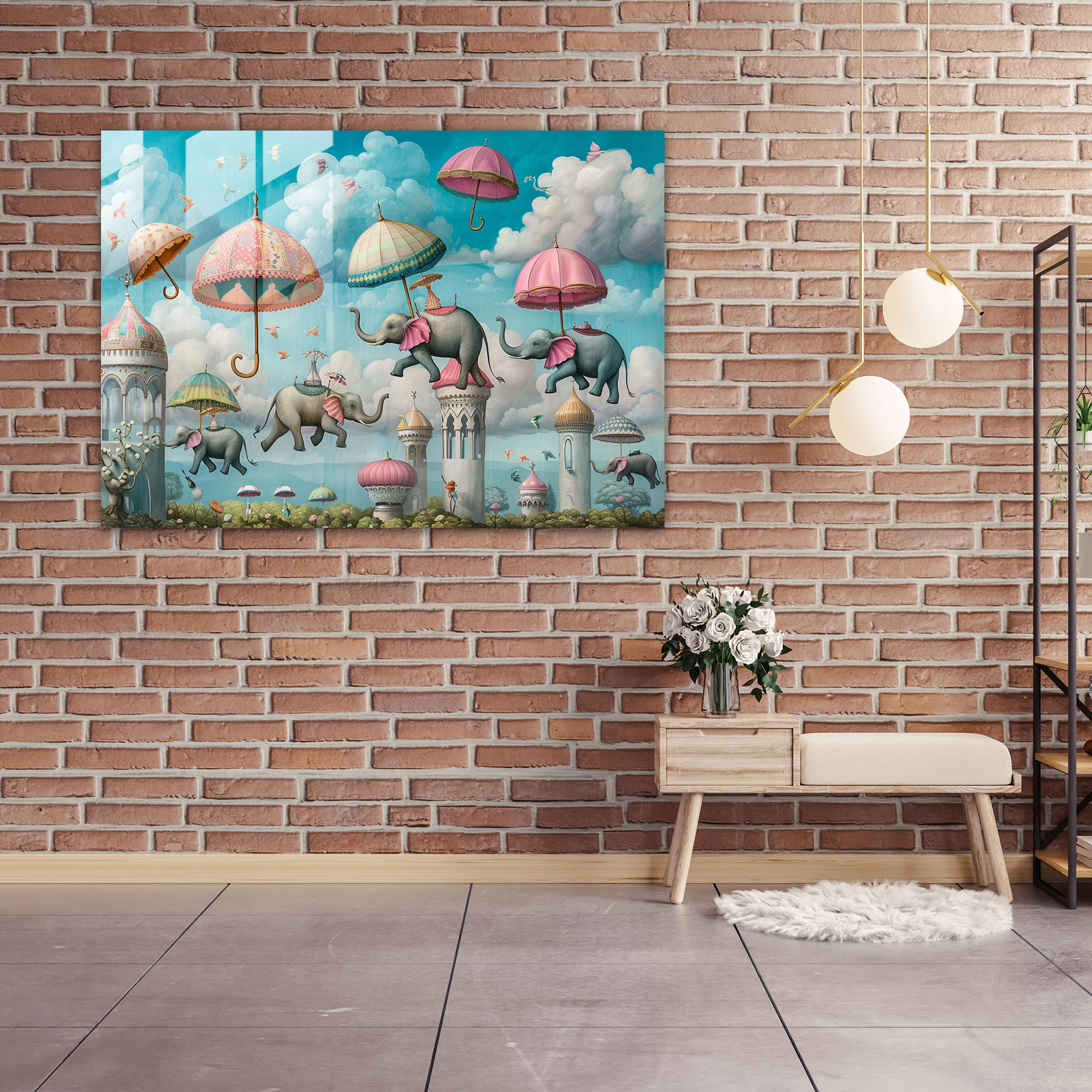 Surrealism Wall Decoration: Flying Elephants Carnival - Surrealism Art, Wall Decoration, Glass Art, Modern Art