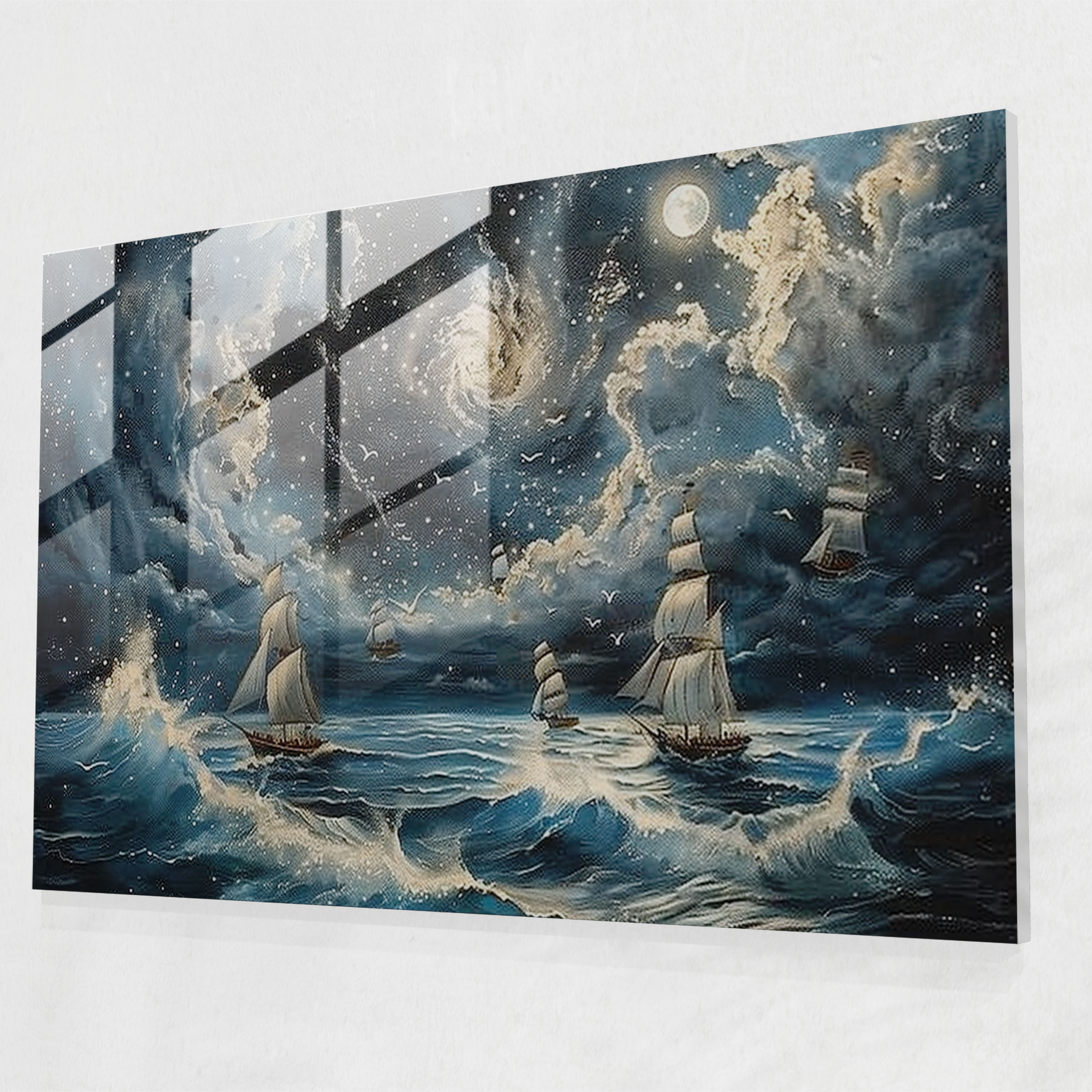 Surrealism Glass Art: Moonlit Seascape Ships - Surrealism Art, Surrealism Art, Glass Print, Wall Decoration