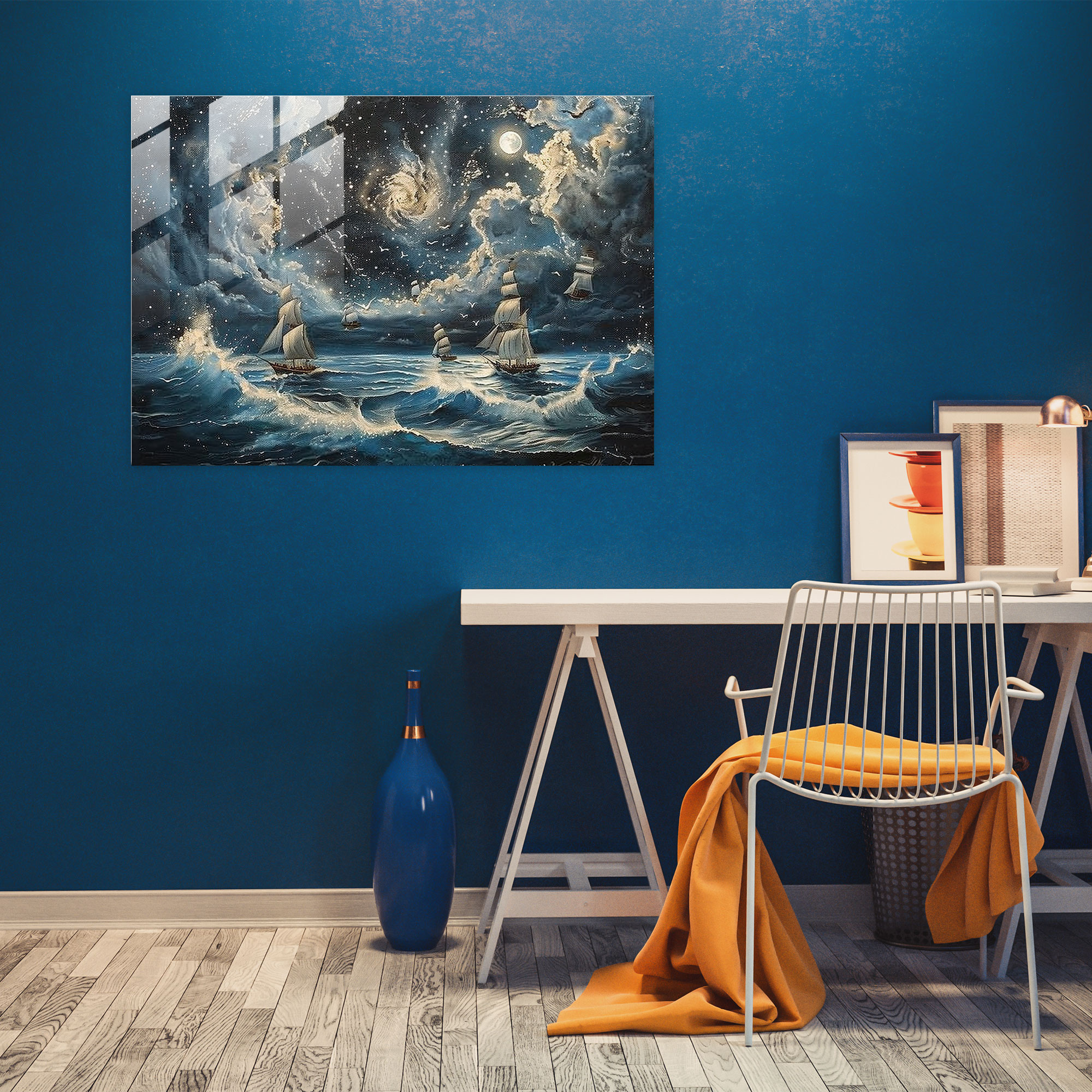 Surrealism Glass Art: Moonlit Seascape Ships - Surrealism Art, Surrealism Art, Glass Print, Wall Decoration
