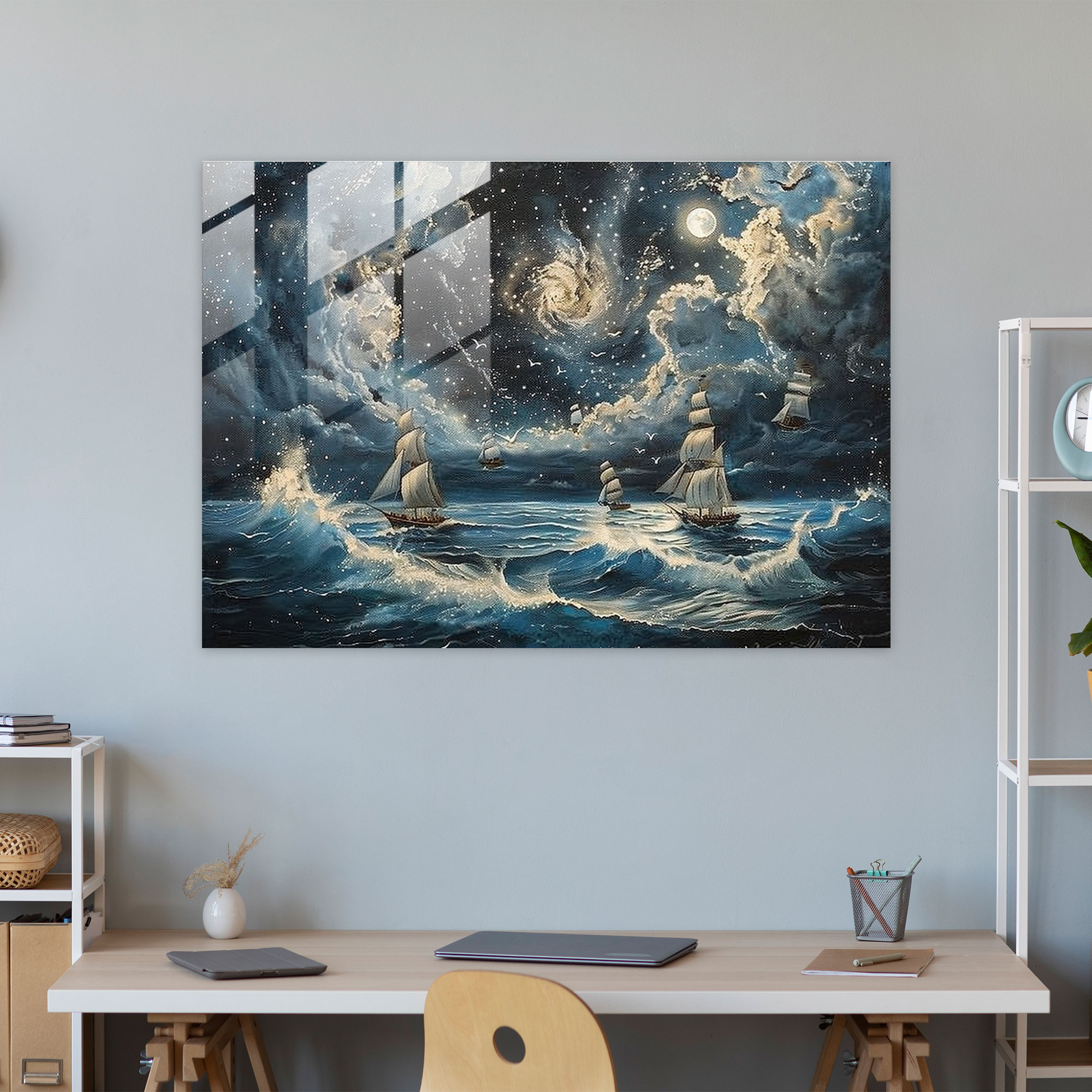 Surrealism Glass Art: Moonlit Seascape Ships - Surrealism Art, Surrealism Art, Glass Print, Wall Decoration