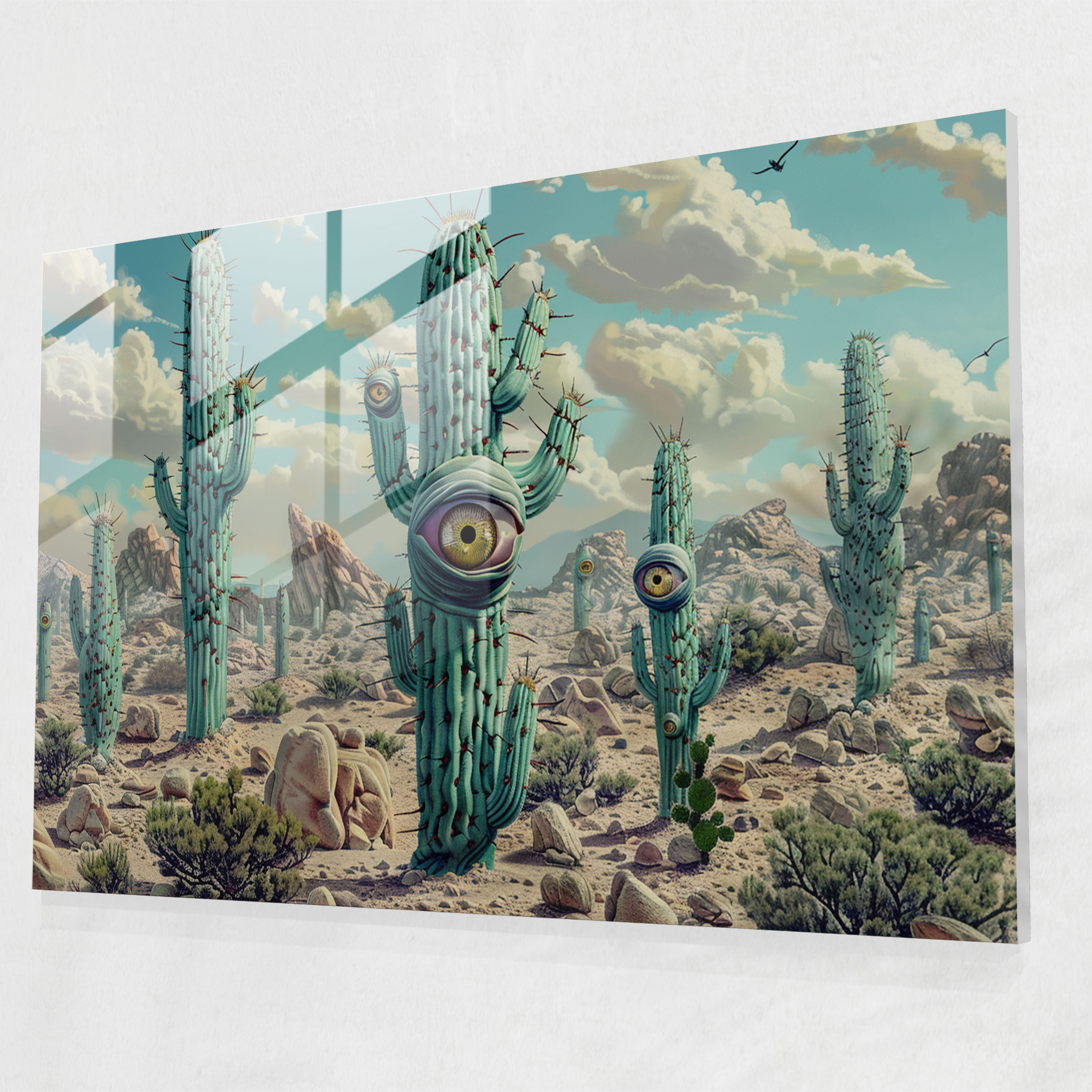 Surrealism Glass Print: Enigmatic Desert Cactus - Surrealism Art, Home Decoration, Surrealism Art, Wall Decoration