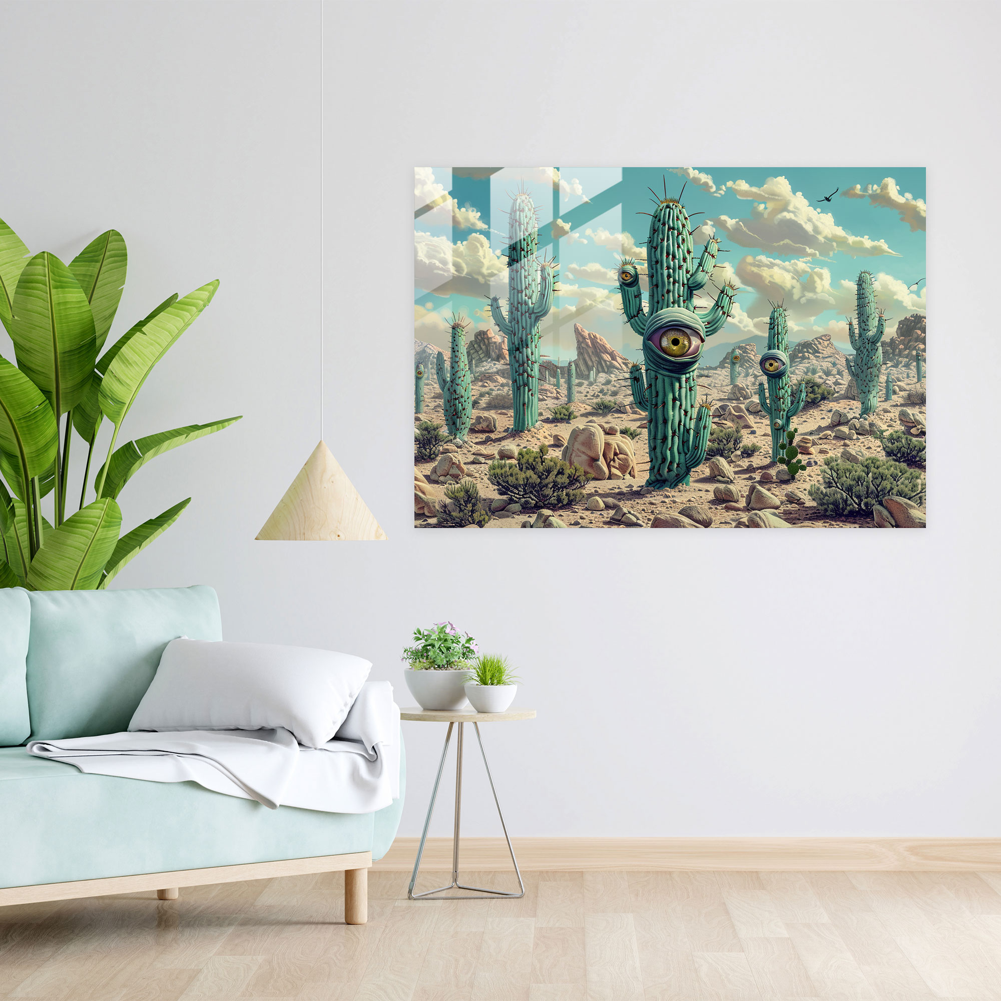 Surrealism Glass Print: Enigmatic Desert Cactus - Surrealism Art, Home Decoration, Surrealism Art, Wall Decoration