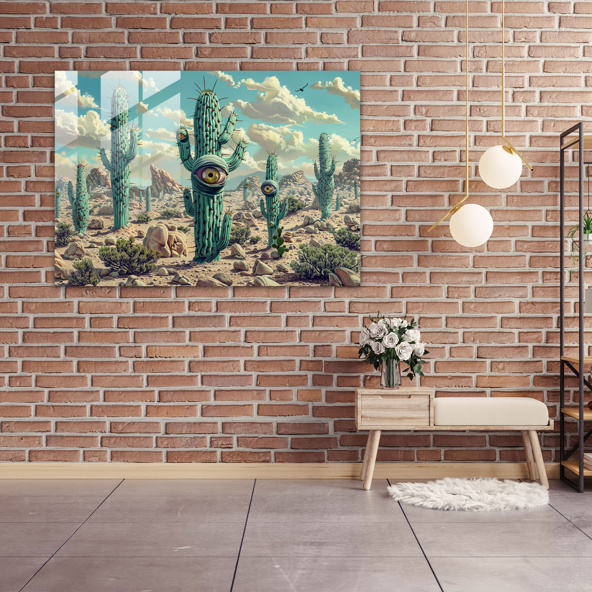 Surrealism Glass Print: Enigmatic Desert Cactus - Surrealism Art, Home Decoration, Surrealism Art, Wall Decoration