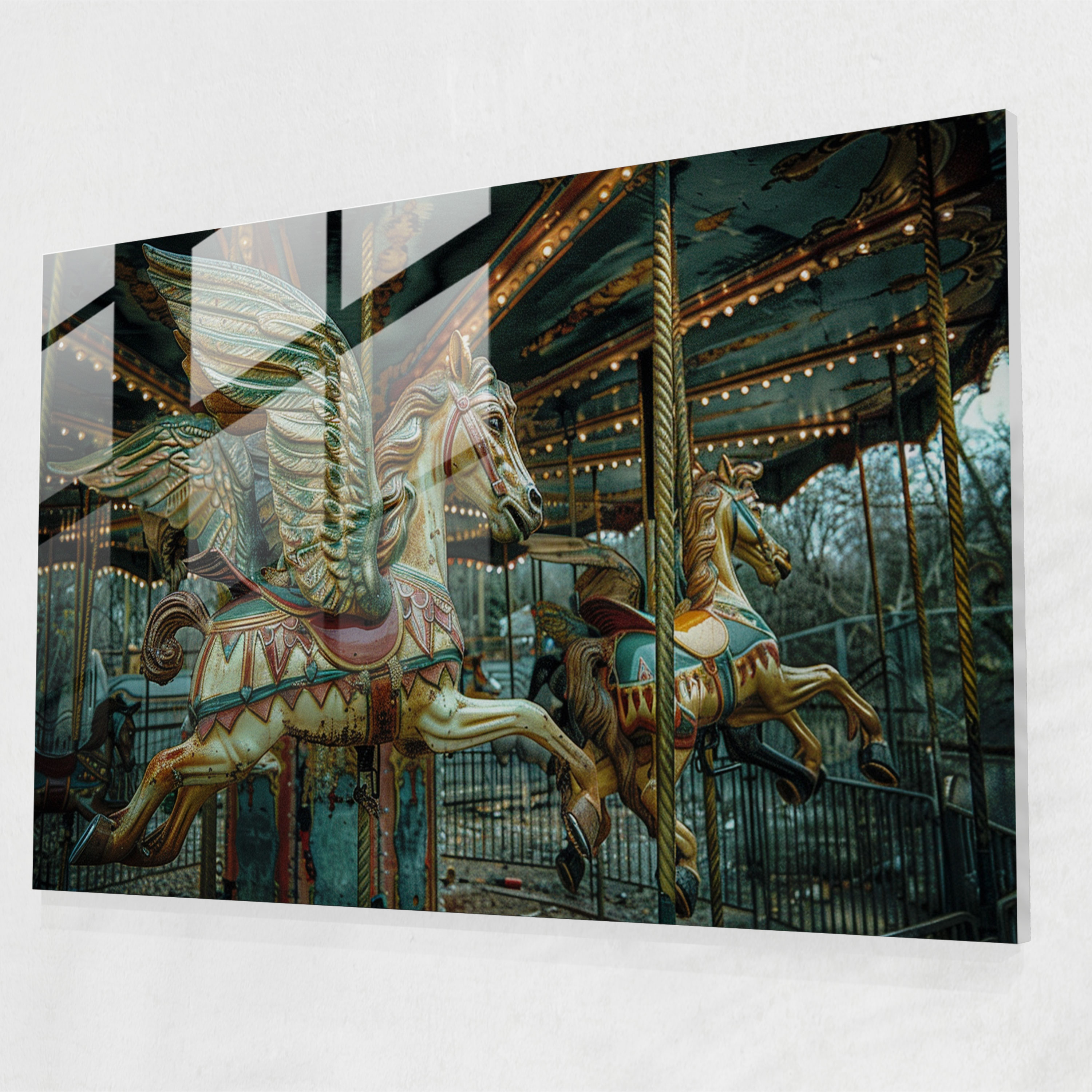 Surrealism Glass Wall Art: Abandoned Carnival Horses - Surrealism Art, Home Decoration, Glass Wall Art, Modern Art