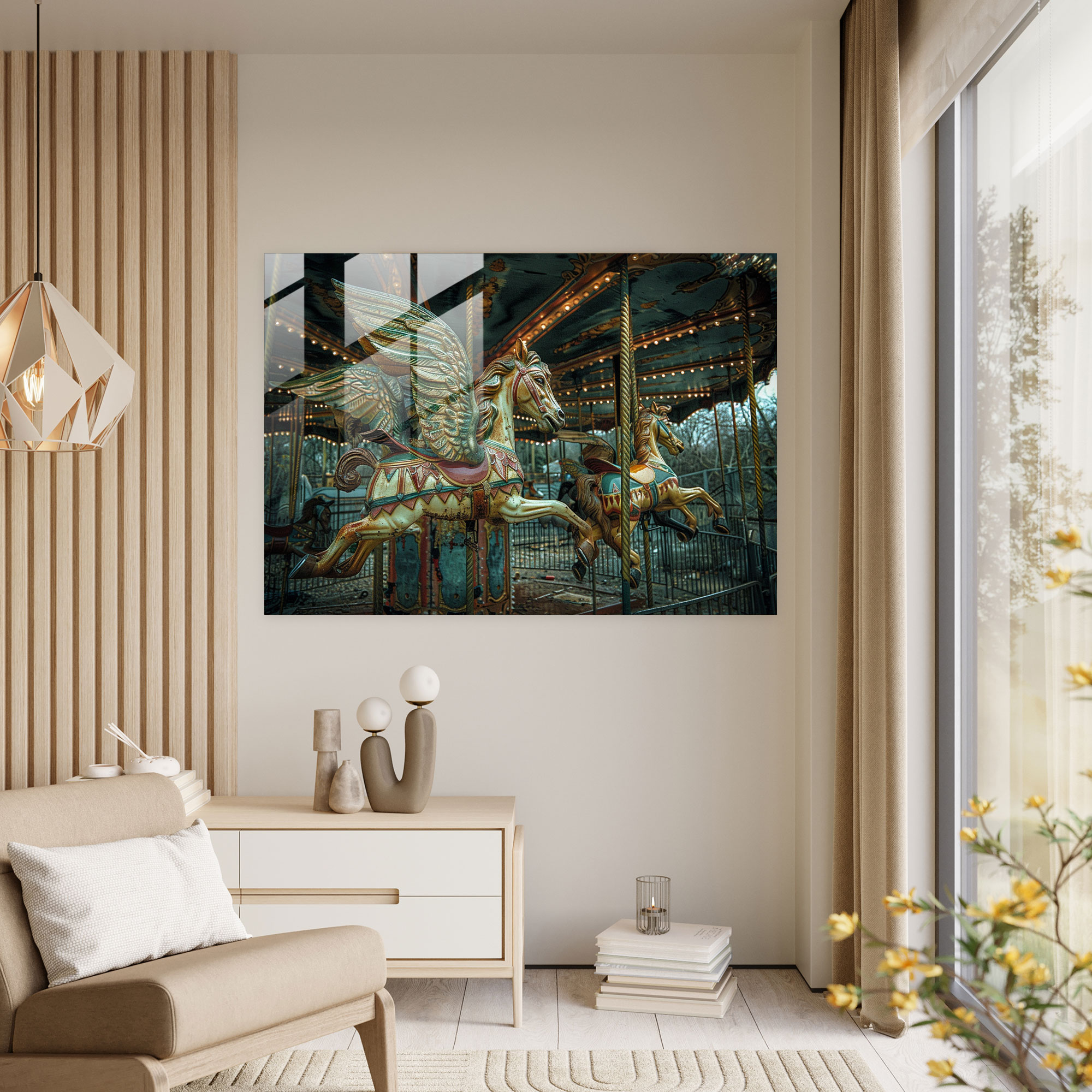 Surrealism Glass Wall Art: Abandoned Carnival Horses - Surrealism Art, Home Decoration, Glass Wall Art, Modern Art