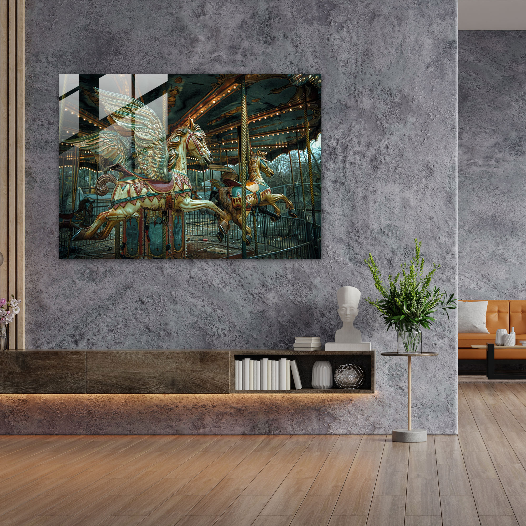 Surrealism Glass Wall Art: Abandoned Carnival Horses - Surrealism Art, Home Decoration, Glass Wall Art, Modern Art