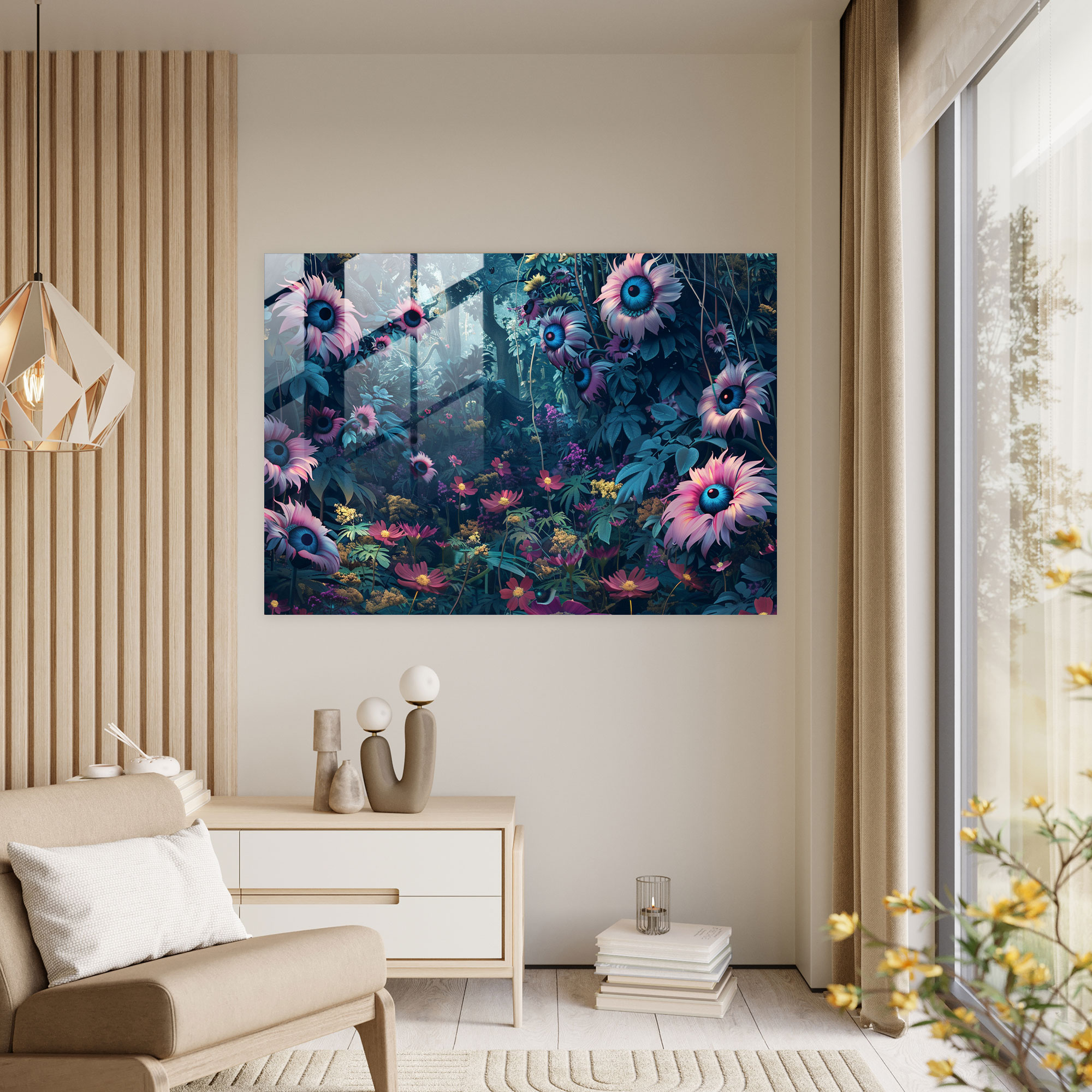 Surrealism Home Decoration: Enchanted Garden Flowers - Surrealism Art, Glass Print, Wall Decoration, Home Decoration