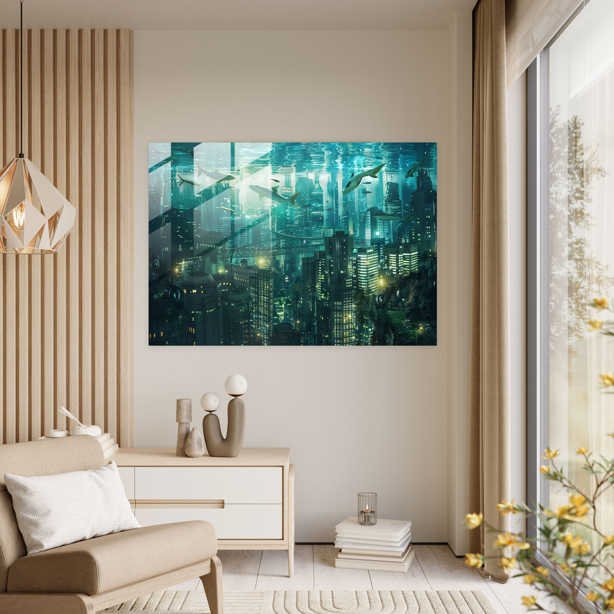 Surrealism Wall Decoration: Underwater City Fish - Surrealism Art, Glass Art, Home Decoration, Wall Decoration