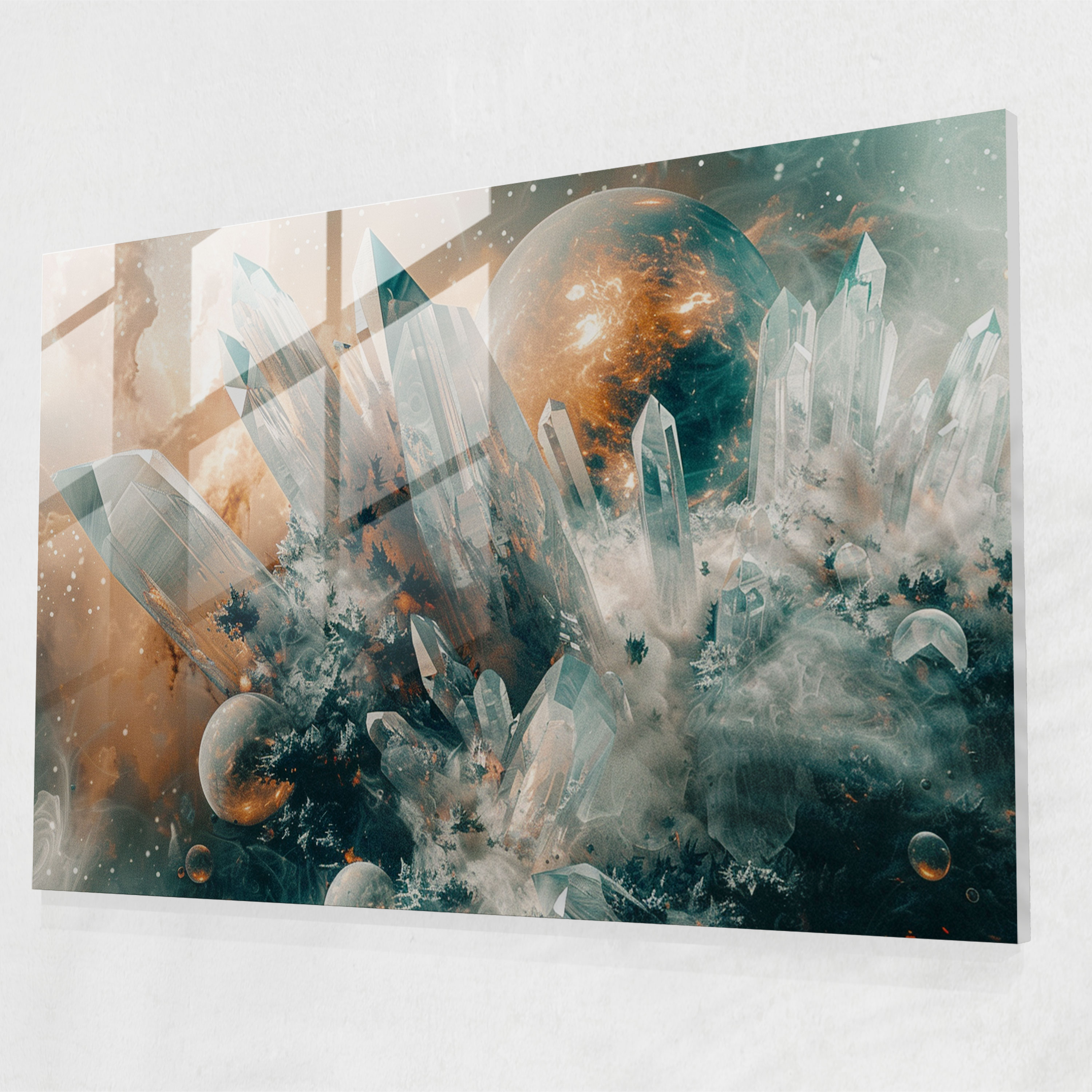 Surrealism Modern Art: Galaxy Planets Crystals - Surrealism Art, Home Decoration, Modern Art, Glass Print
