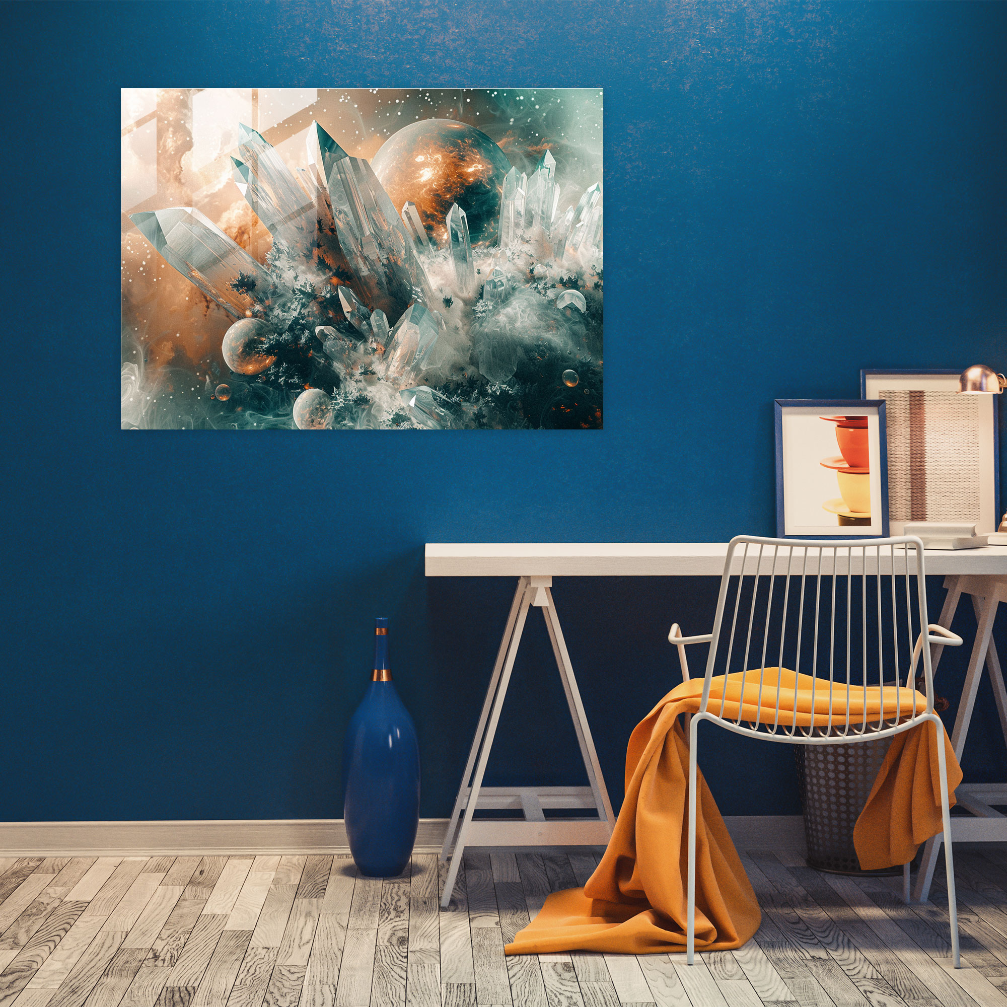 Surrealism Modern Art: Galaxy Planets Crystals - Surrealism Art, Home Decoration, Modern Art, Glass Print