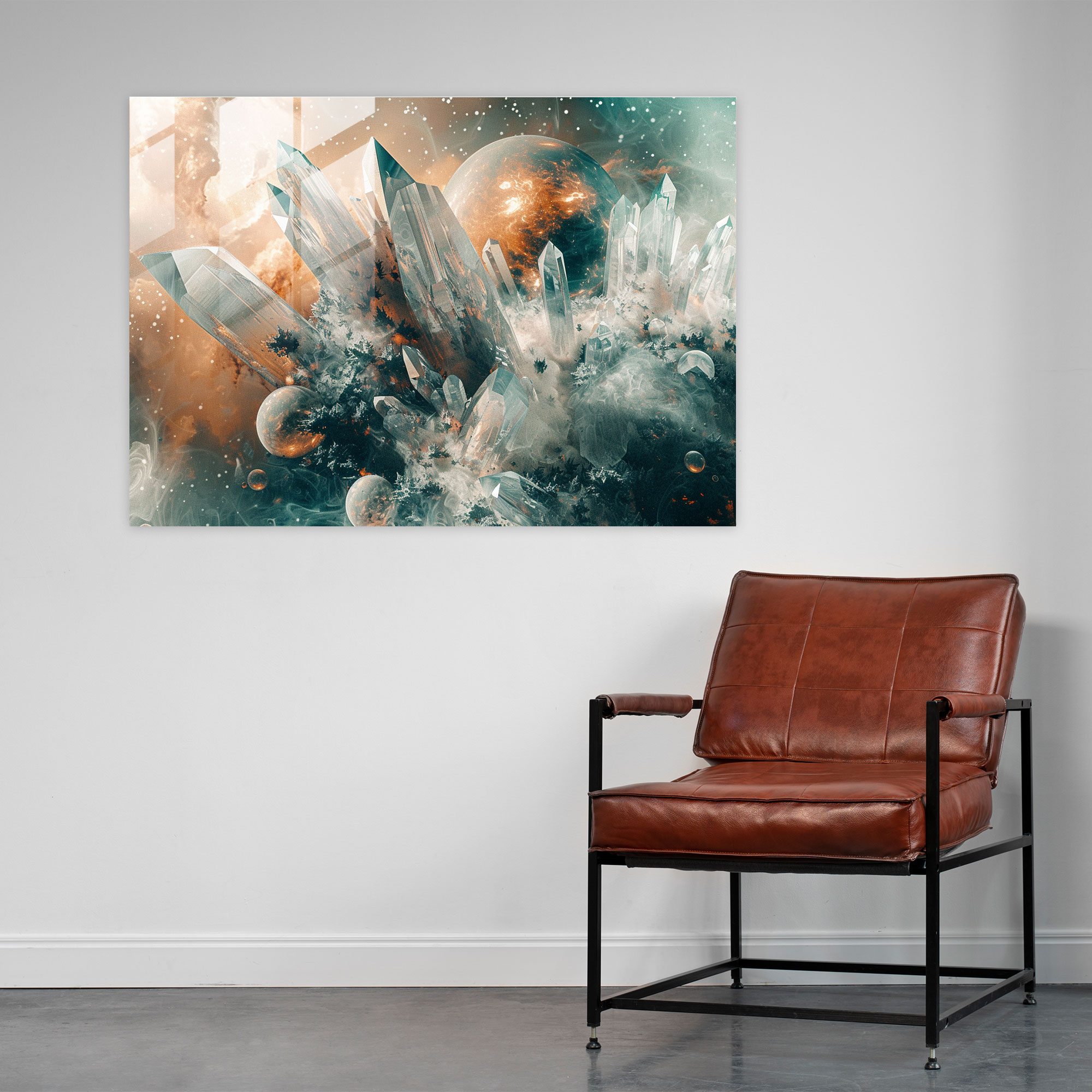 Surrealism Modern Art: Galaxy Planets Crystals - Surrealism Art, Home Decoration, Modern Art, Glass Print