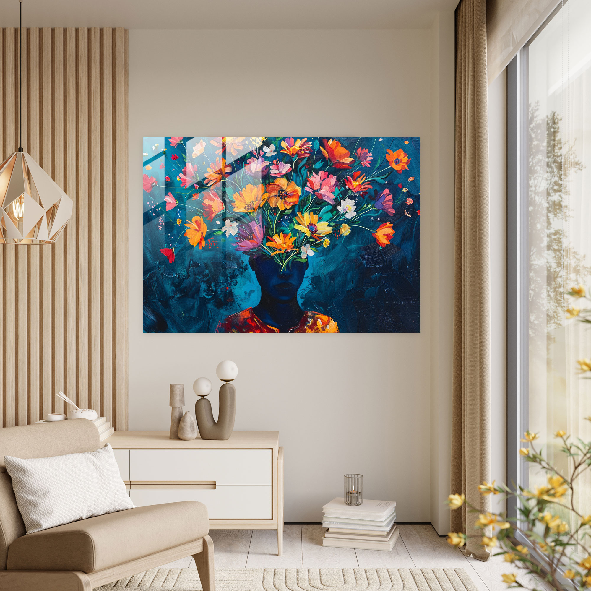 Surrealism Floral Head Glass Print - Surrealism Art, Modern Art, Glass Wall Art, Home Decoration