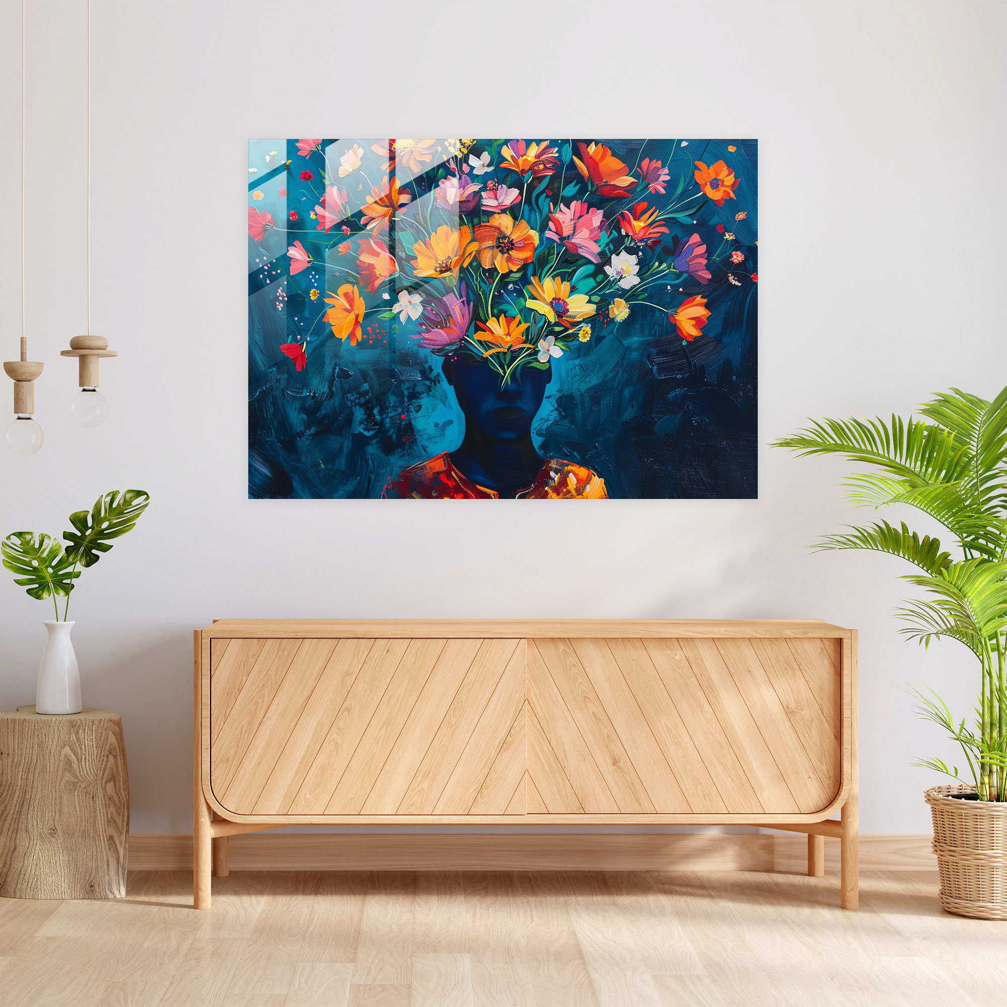 Surrealism Floral Head Glass Print - Surrealism Art, Modern Art, Glass Wall Art, Home Decoration