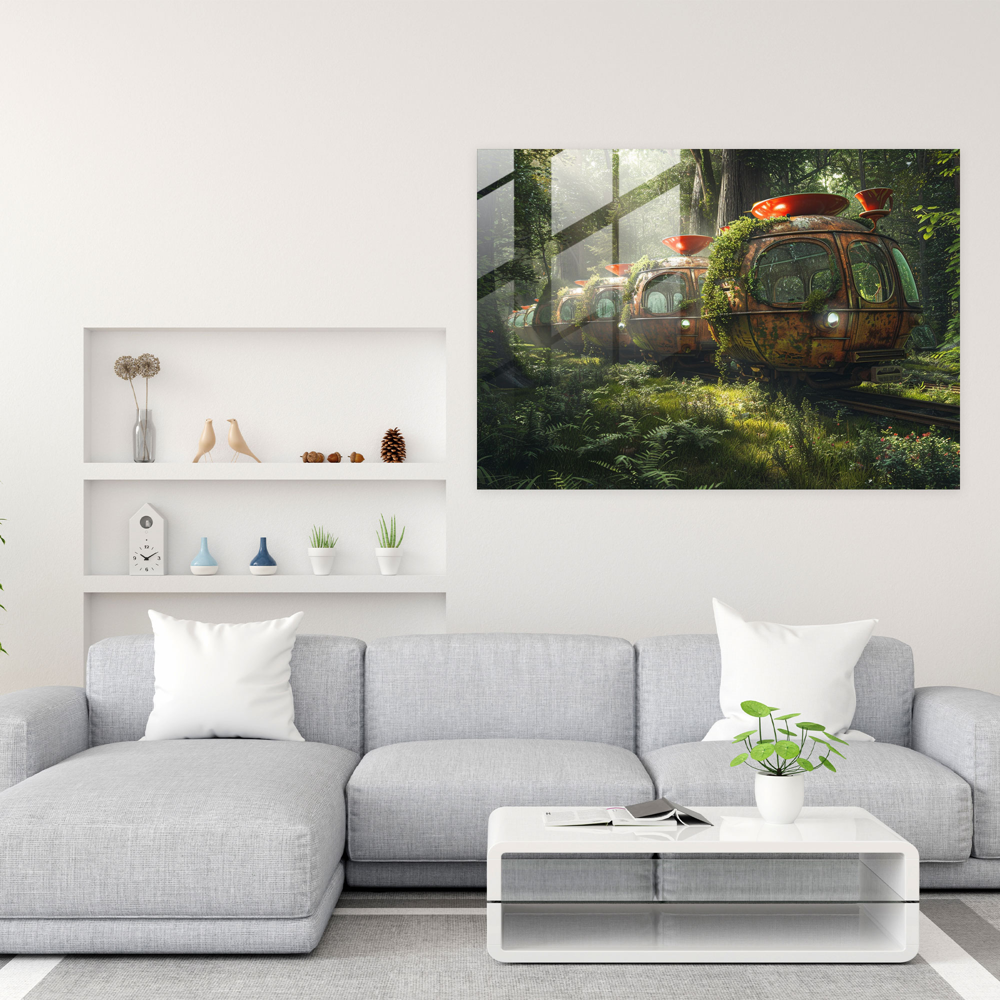 Surrealism Train In Teacup Forest Wall Art - Surrealism Art, Wall Decoration, Home Decoration, Glass Print