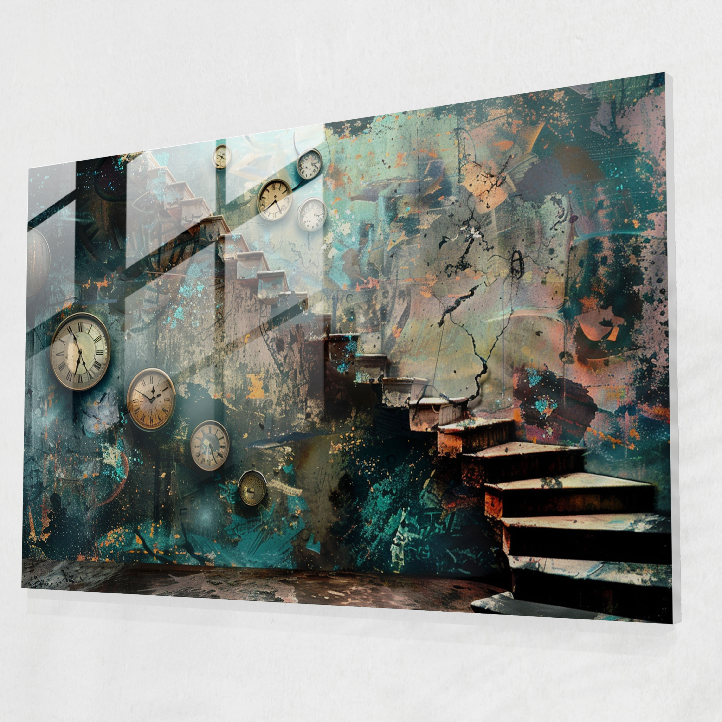 Surrealism Clock Staircase Glass Print - Surrealism Art, Surrealism Art, Glass Art, Glass Wall Art